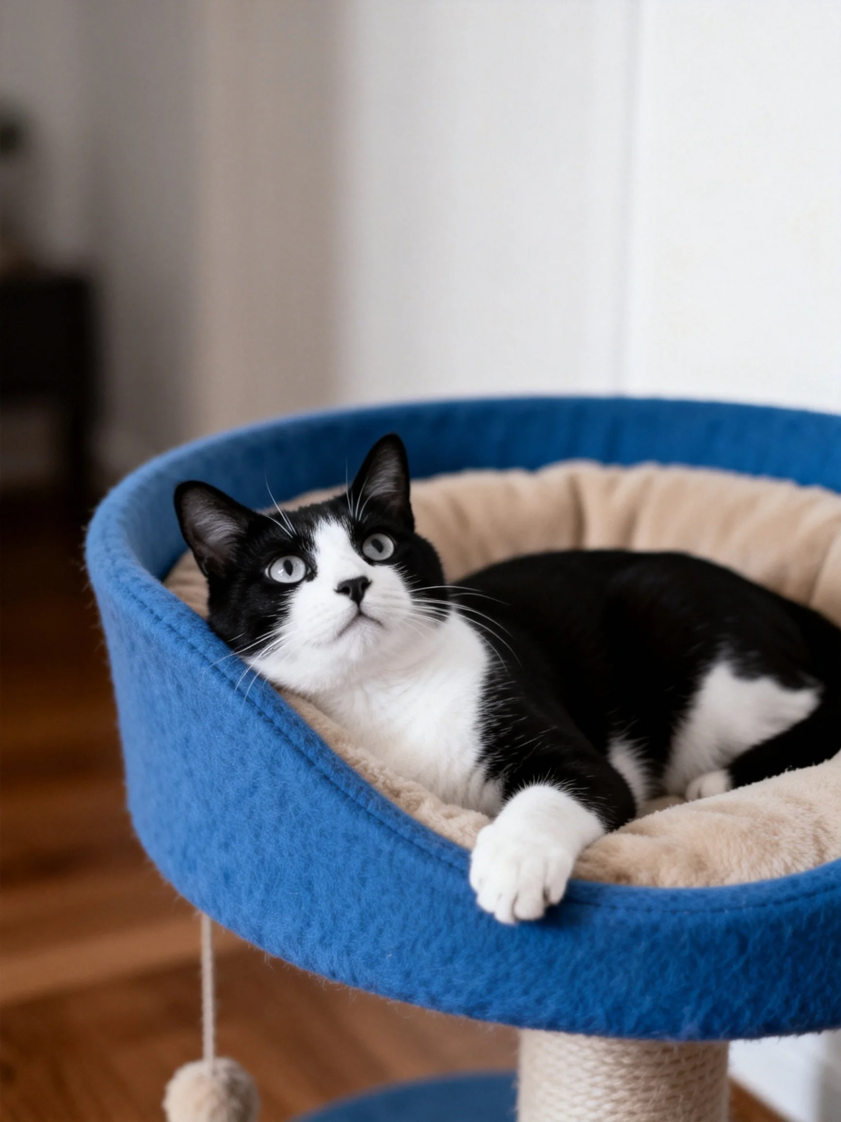 A black and white cat rests in a blue plush cat bed