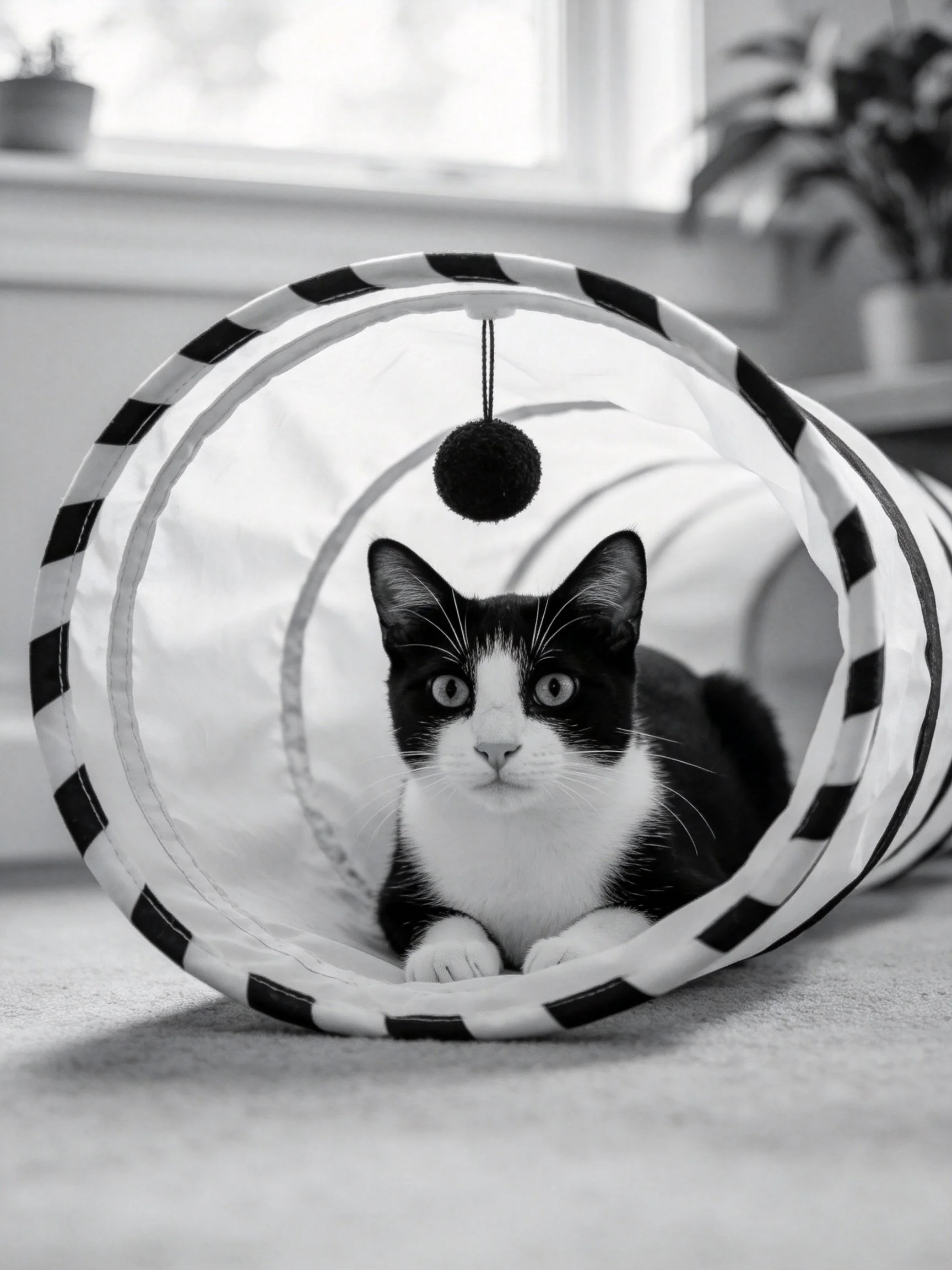 A black - and - white cat rests inside a striped fabric tunnel with a hanging pom - pom