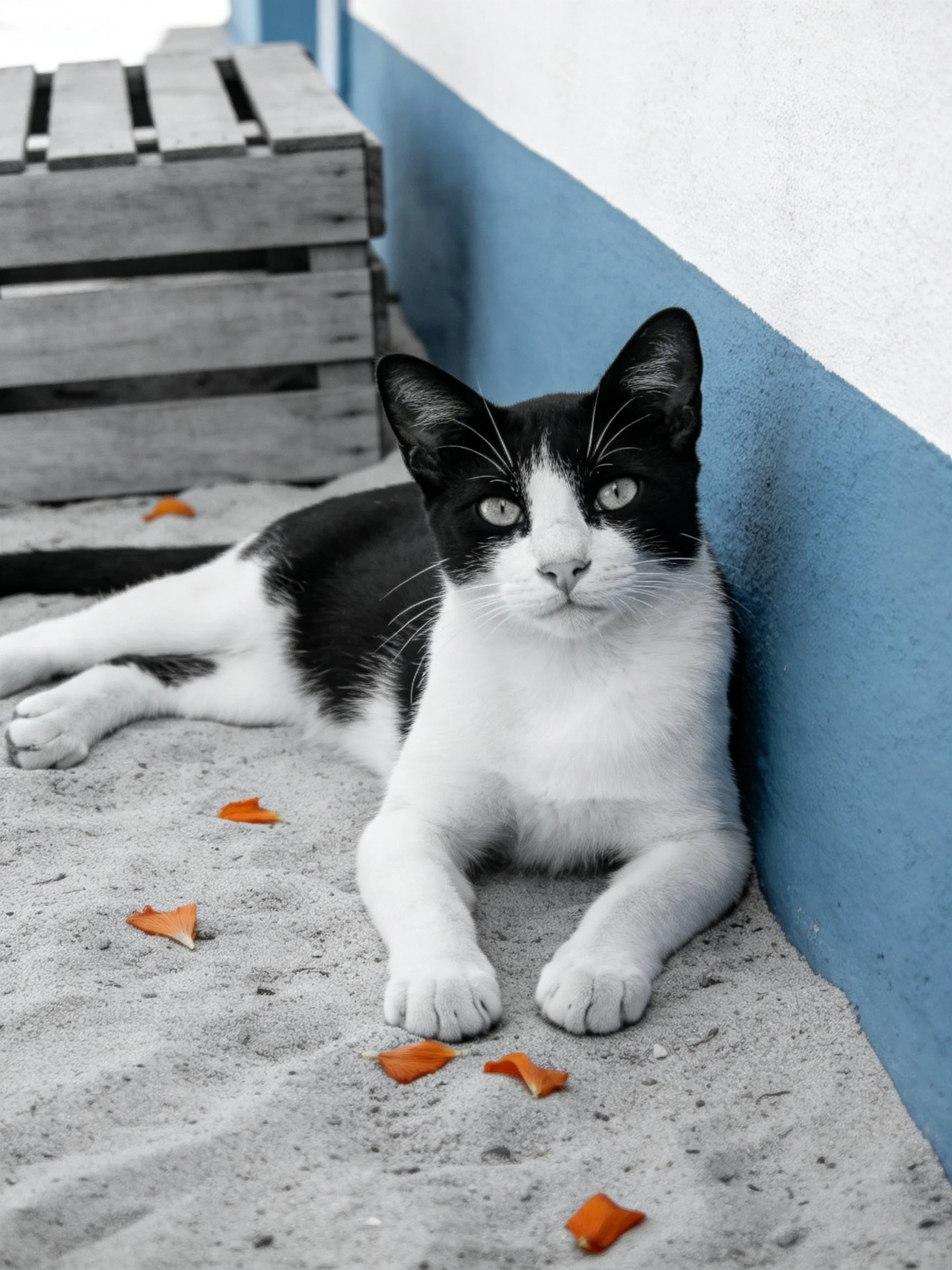 A black - and - white cat rests near a blue wall with scattered orange petals