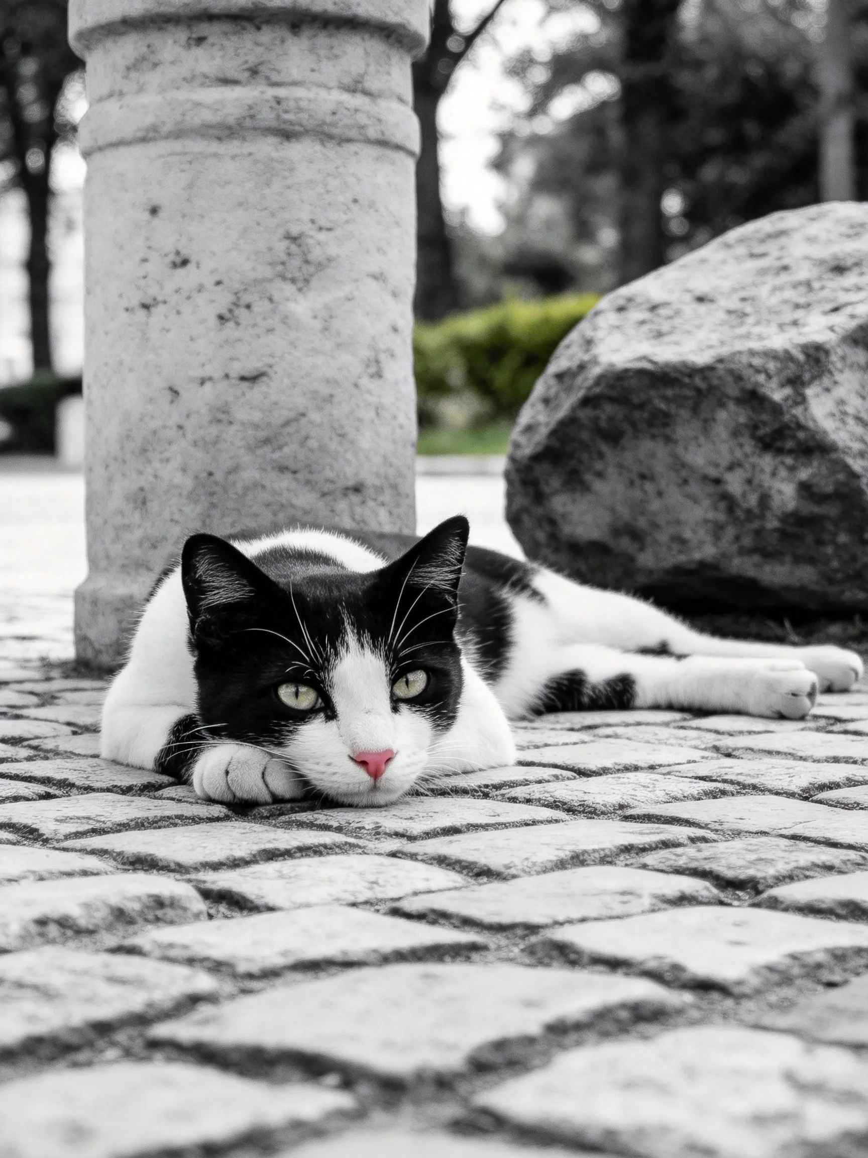 A black - and - white cat relaxes on cobblestones beside stone structures and a boulder