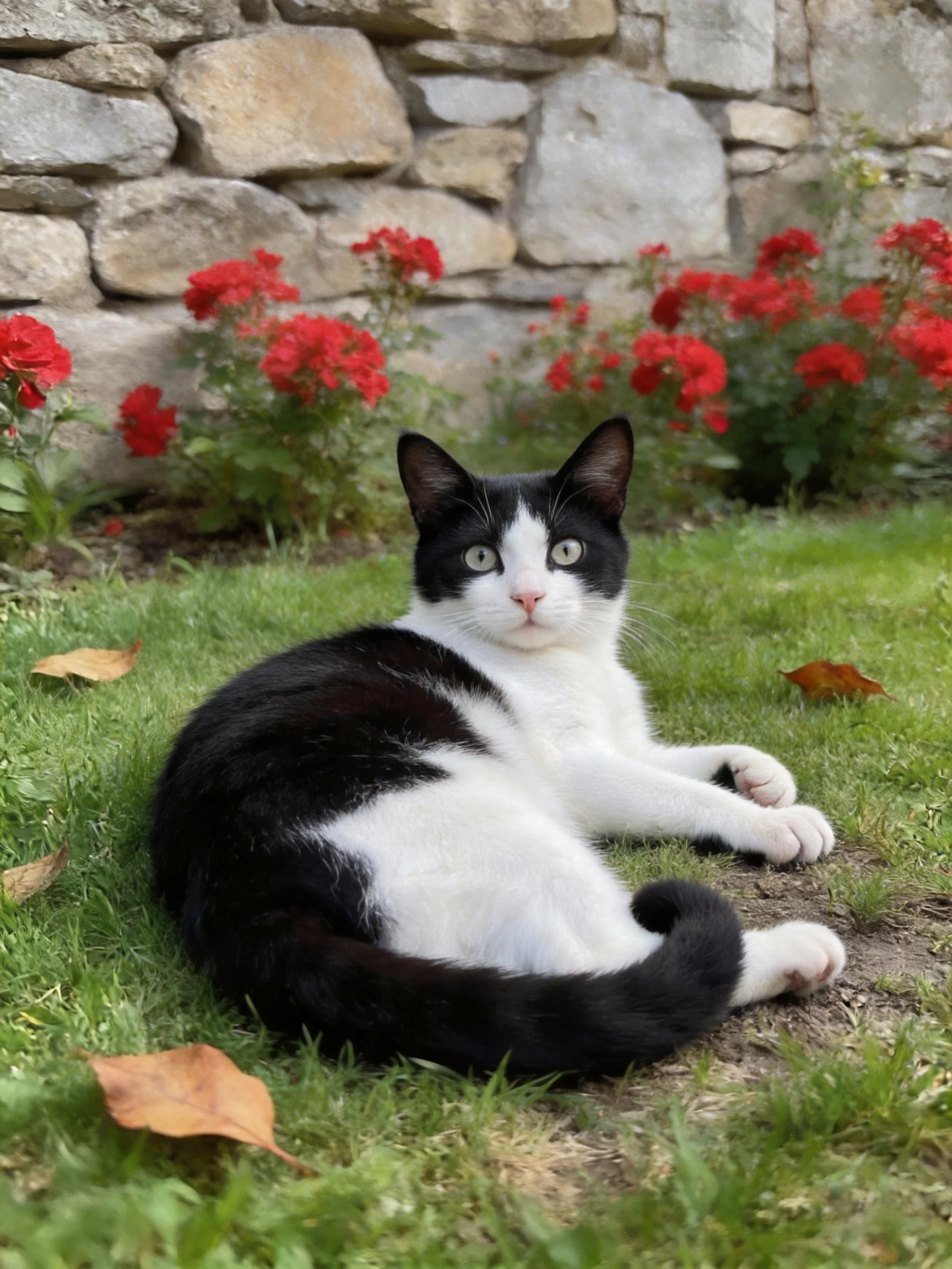 A black - and - white cat rests near vibrant red flowers by a stone wall
