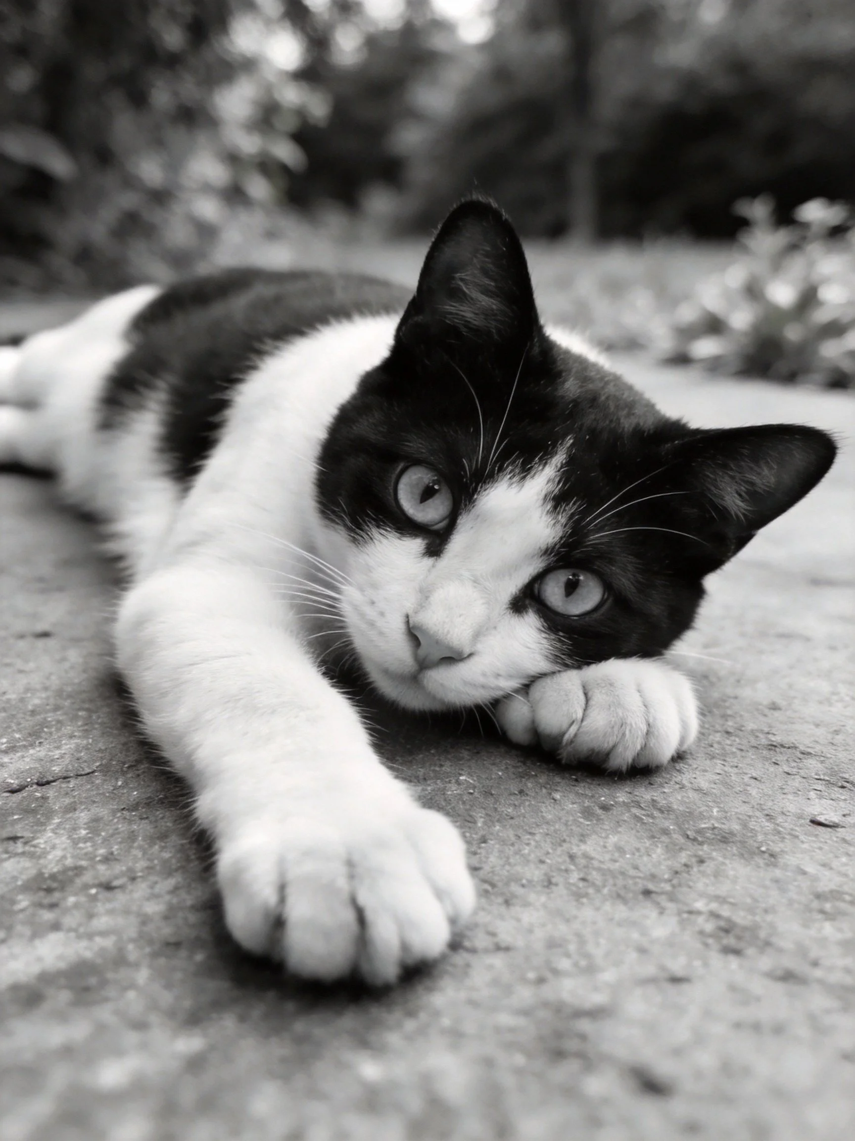 A black and white cat rests on a concrete outdoor surface