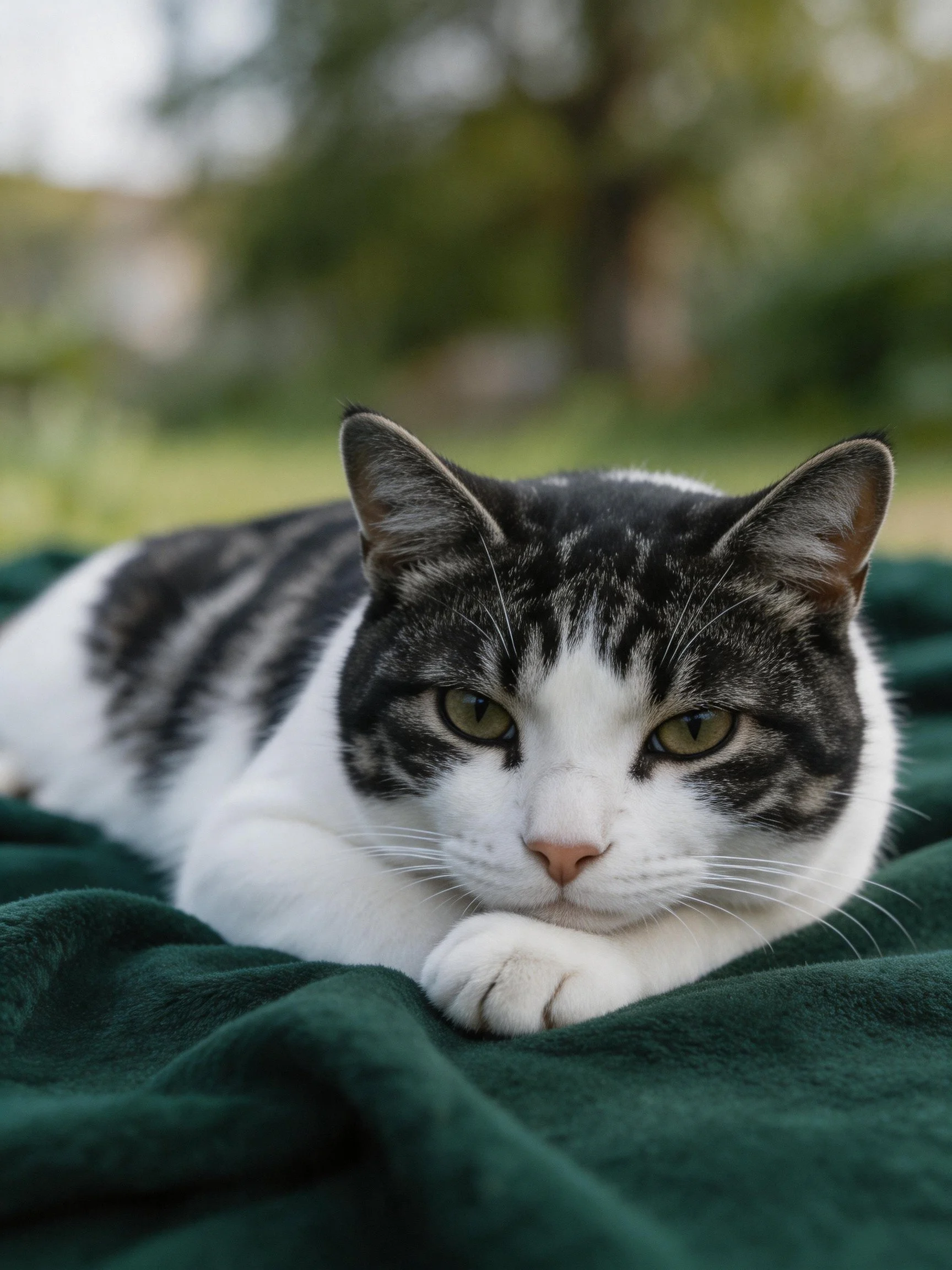 A black and white cat rests on a dark green blanket outdoors
