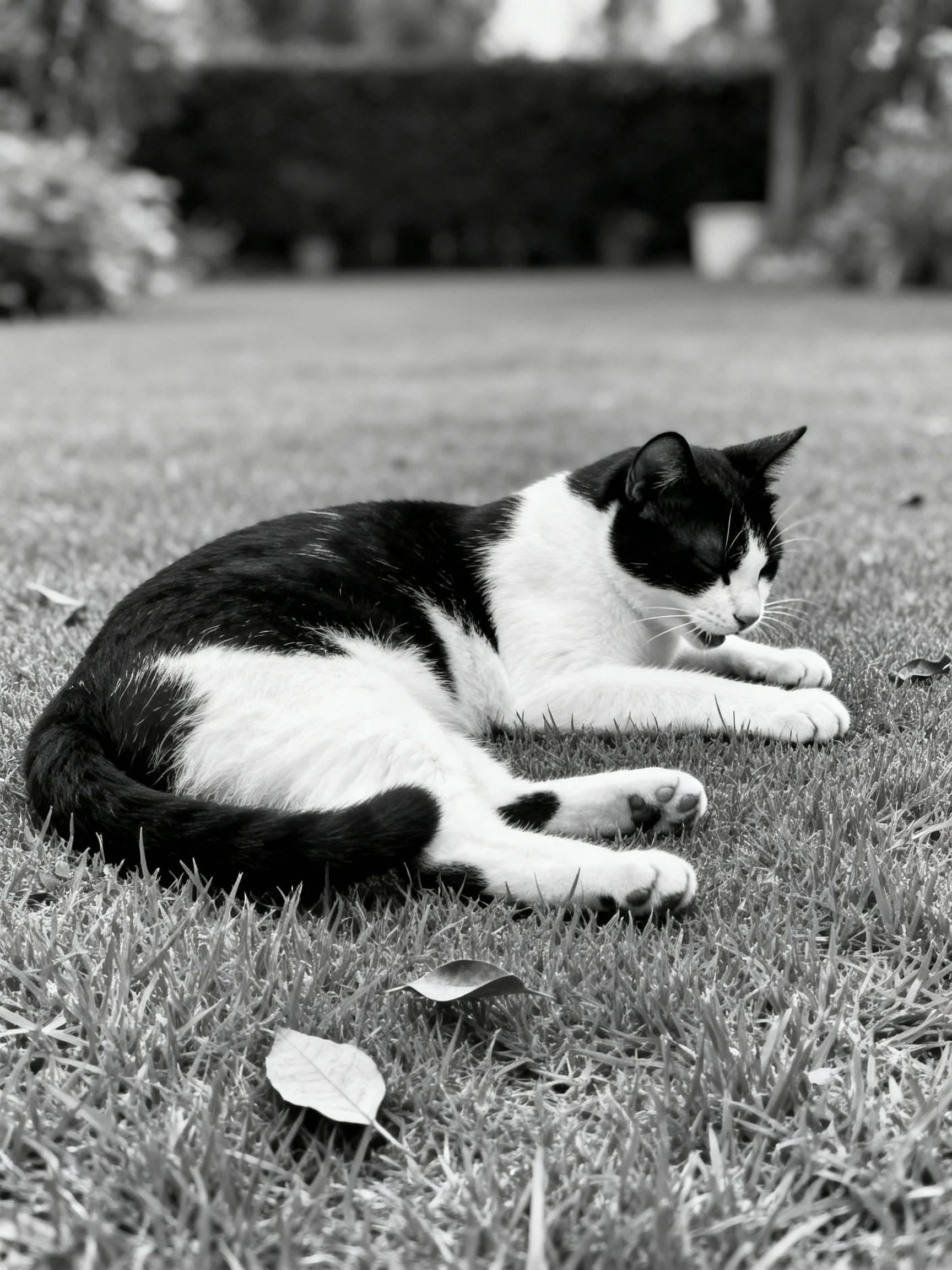 A black and white cat rests on a grassy lawn with scattered leaves