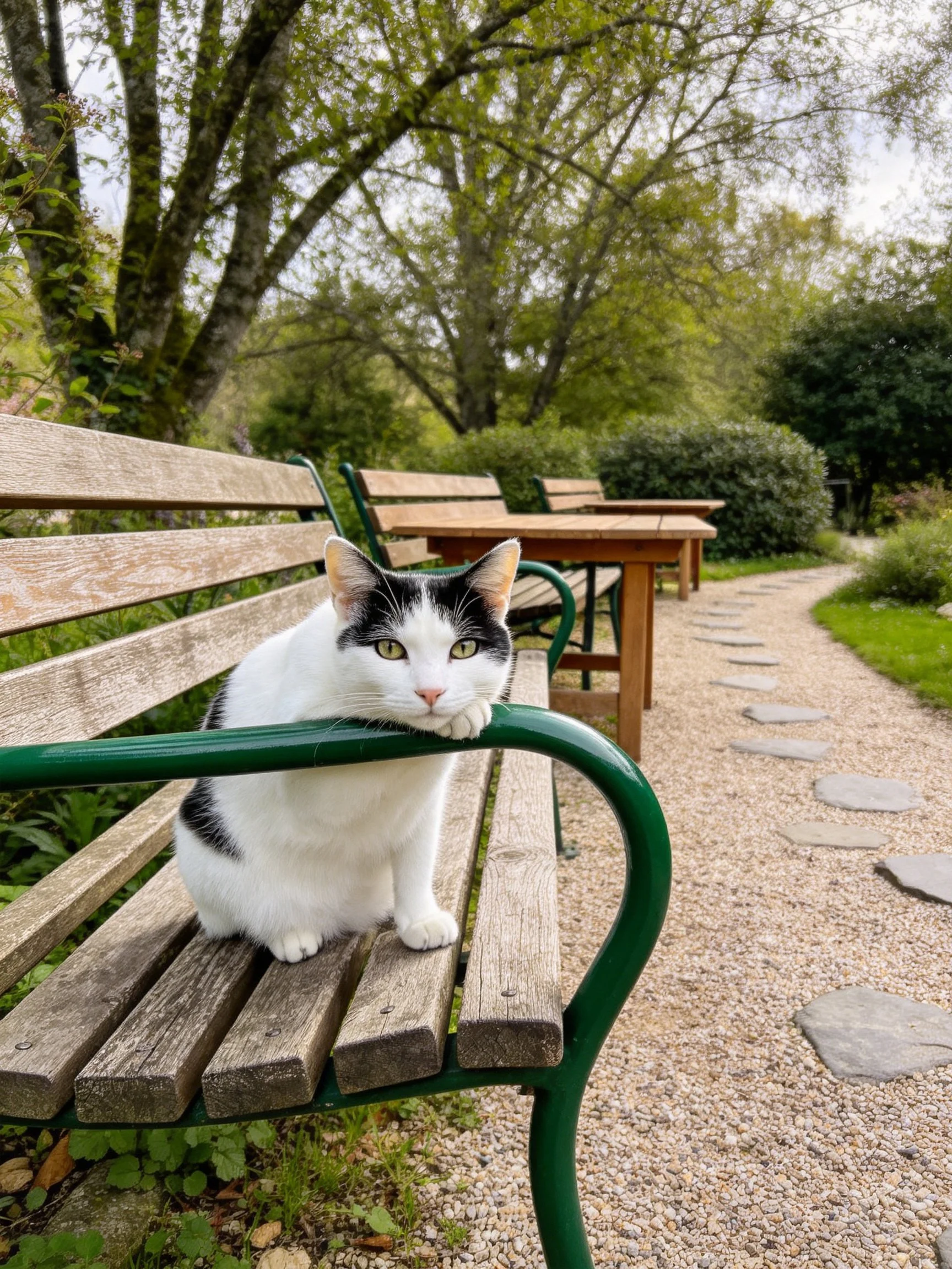 A black - and - white cat rests on a green - framed wooden bench in a lush park
