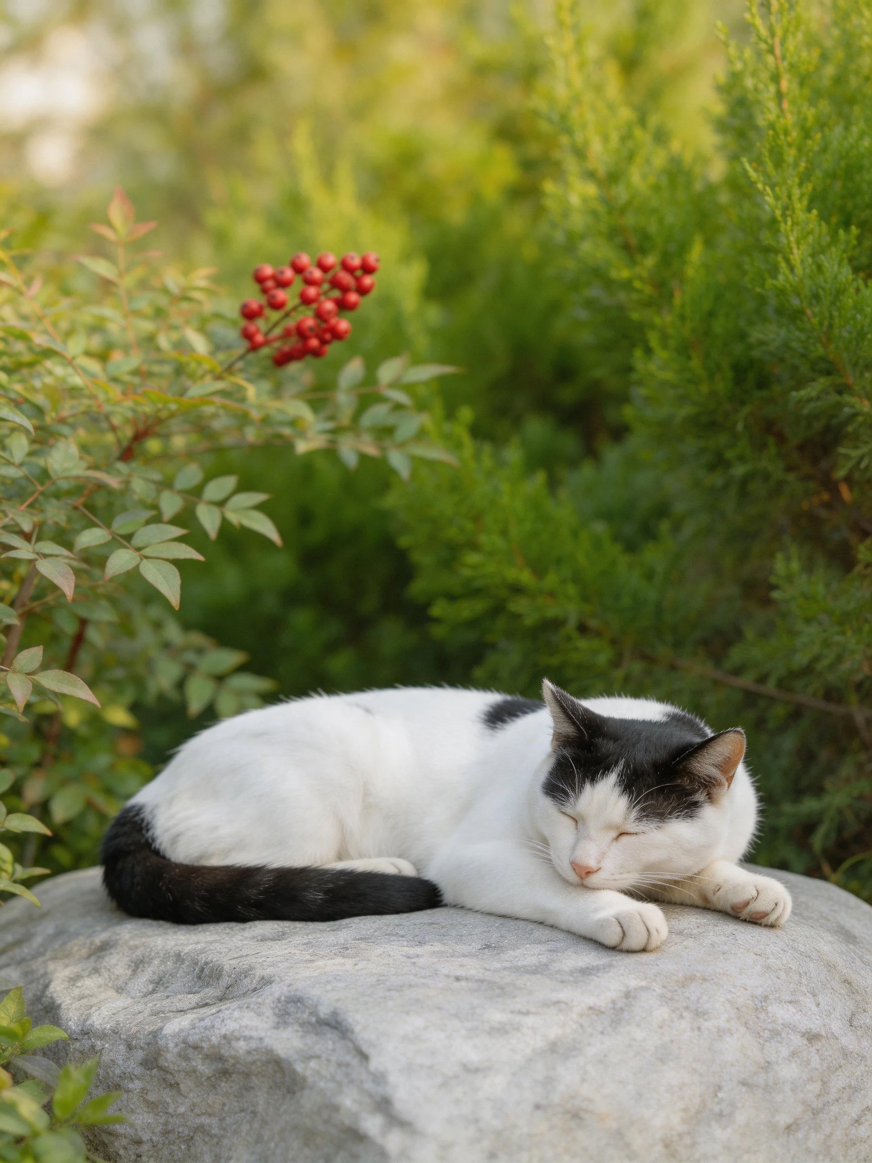 A black - and - white cat rests on a large gray rock near greenery and red berries