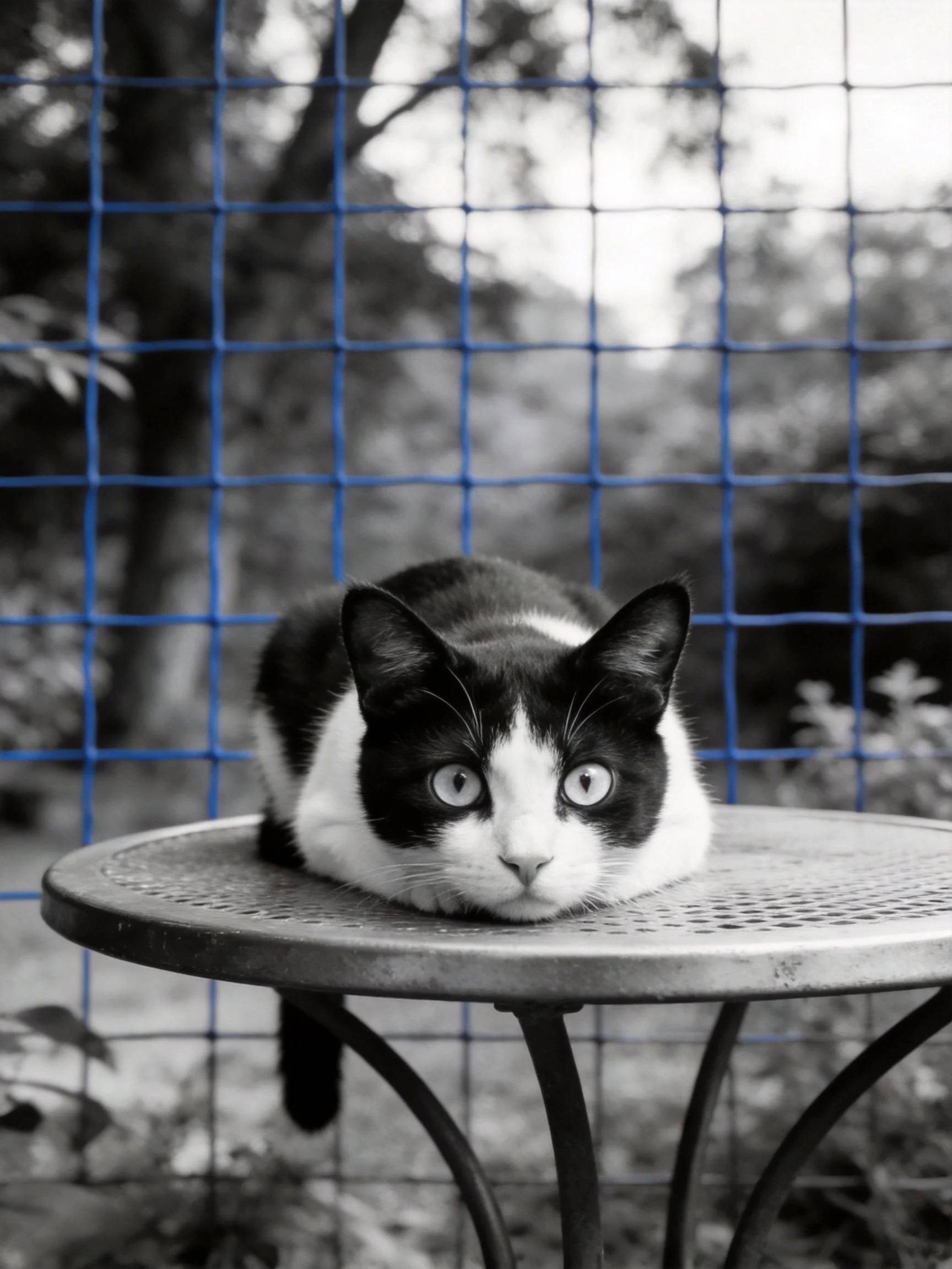 A black and white cat rests on a metal table beside a blue grid fence