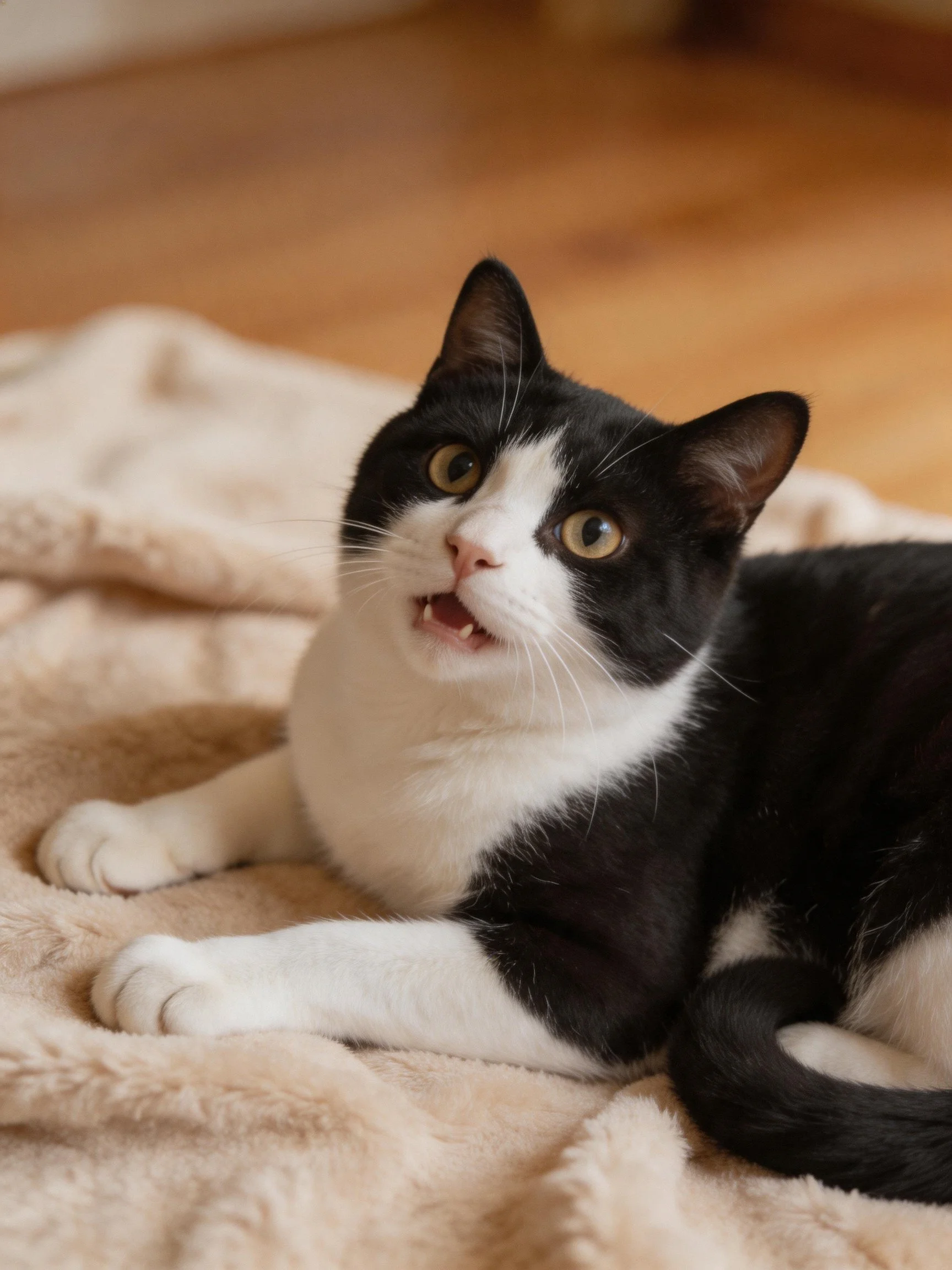 A black and white cat rests on a soft beige blanket with wide eyes