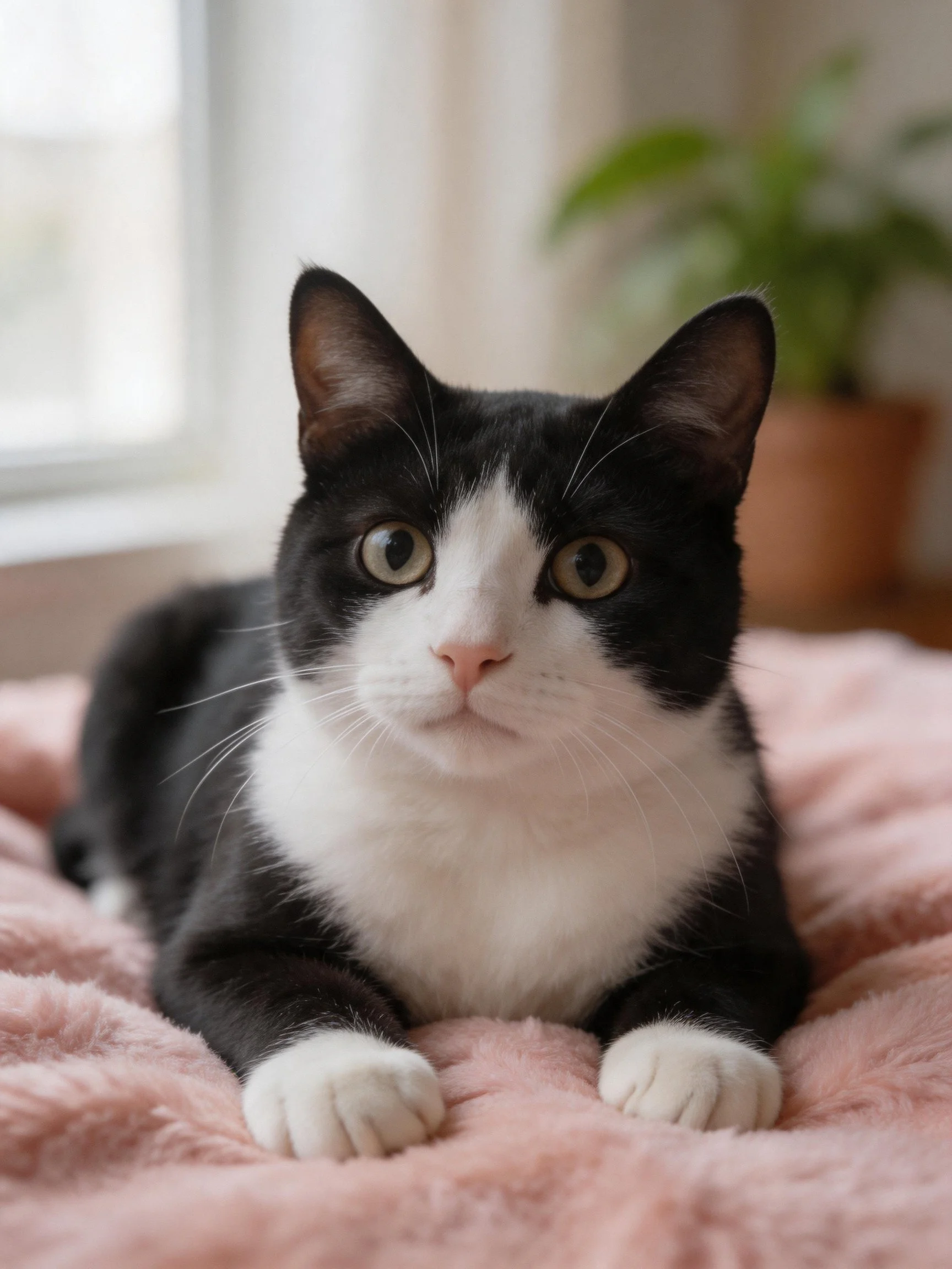 A black - and - white cat rests on a soft pink blanket near a window