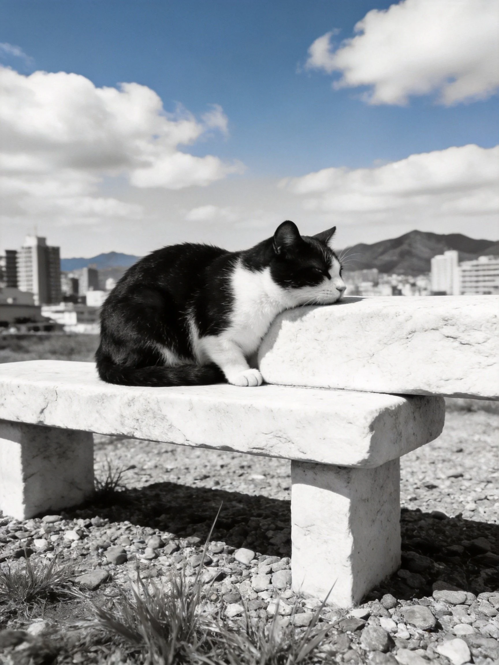 A black and white cat rests on a stone bench near a city and mountains