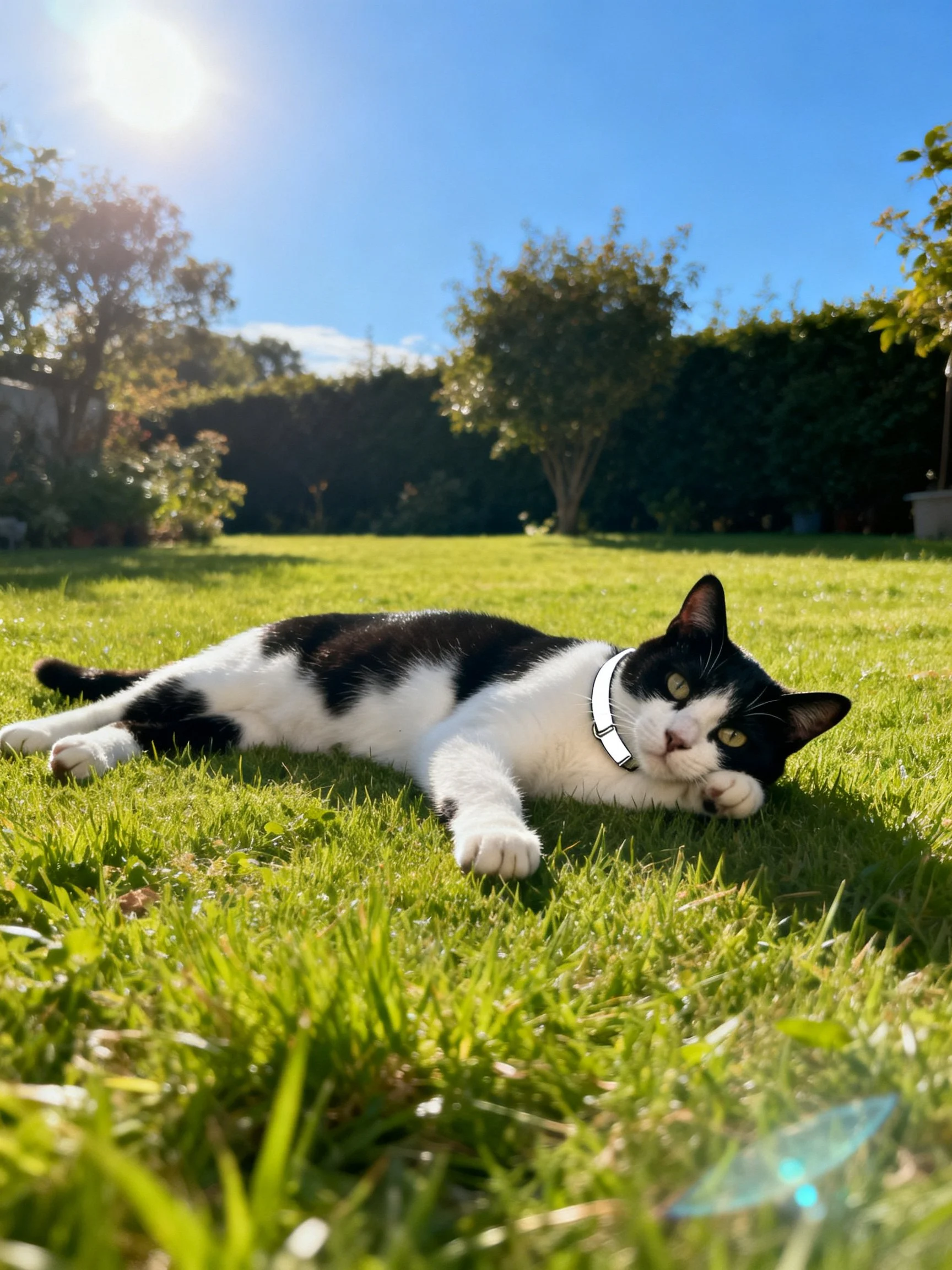 A black - and - white cat rests on a sunlit grassy field