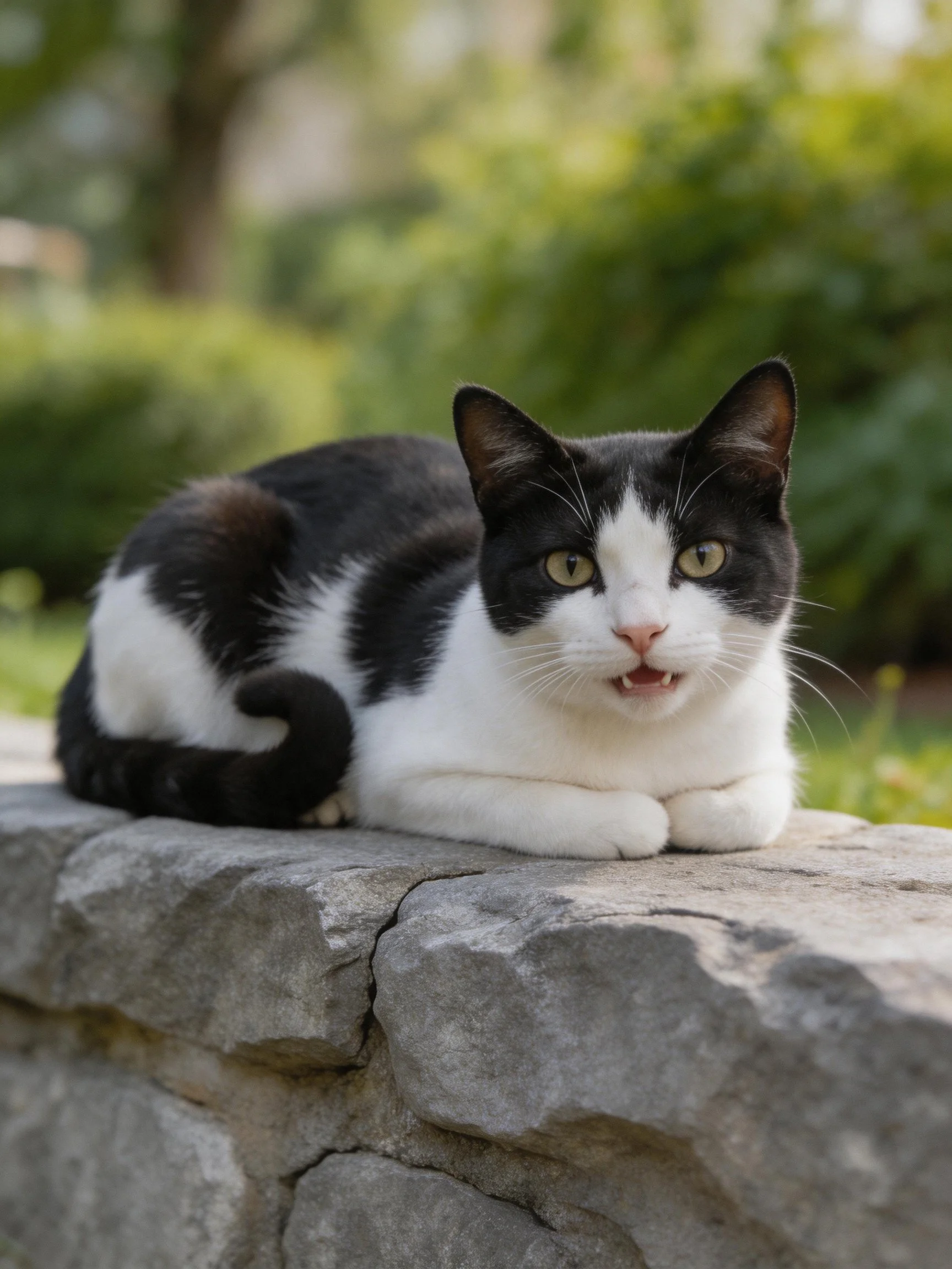 A black and white cat rests on a weathered stone ledge outdoors