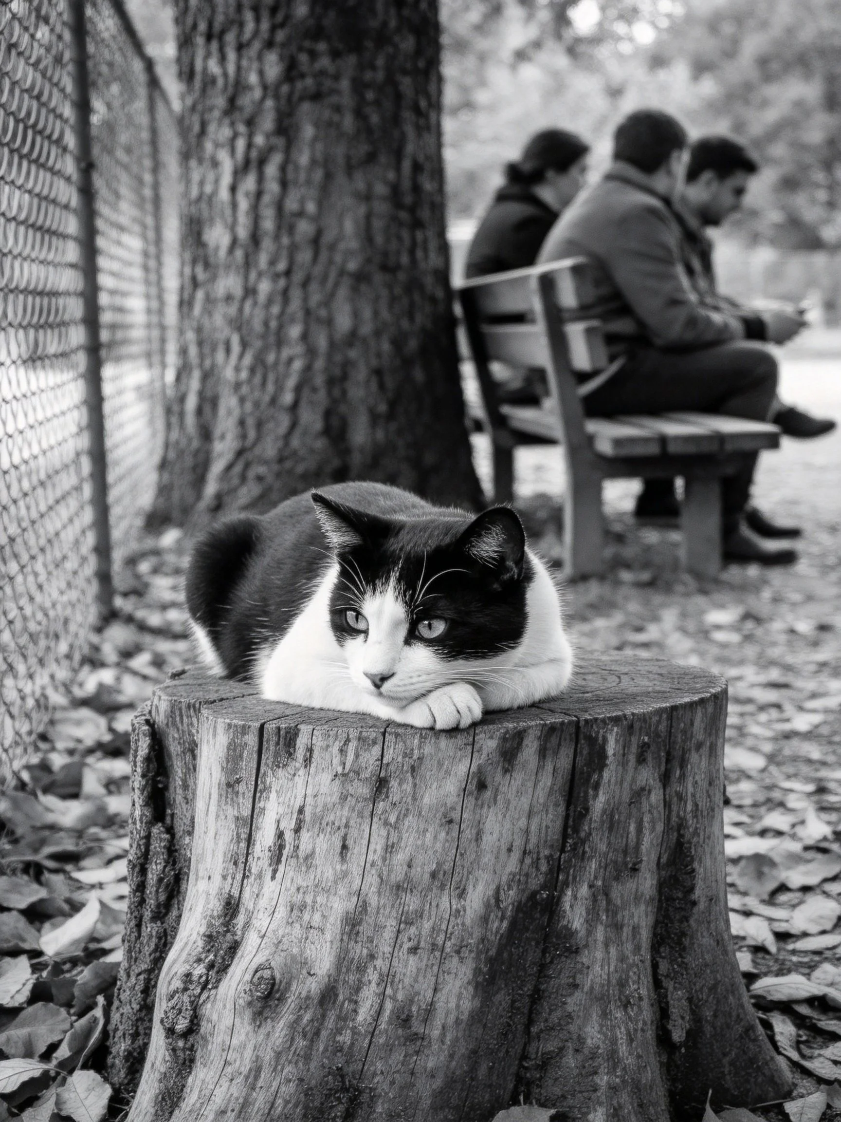 A black - and - white cat rests on a weathered tree stump near seated individuals