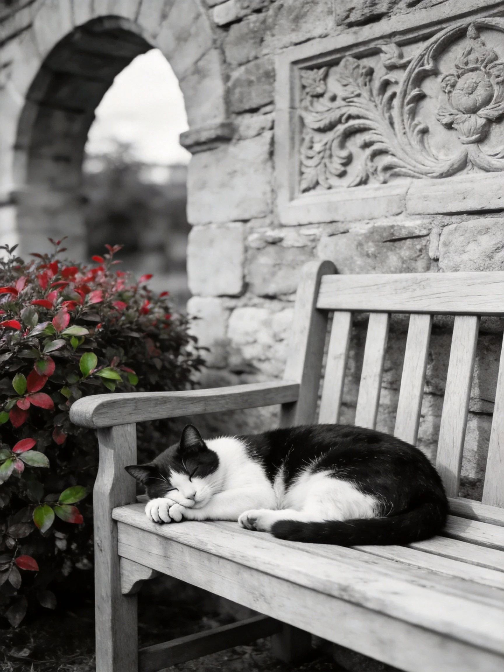 A black - and - white cat rests on a wooden bench near a stone wall