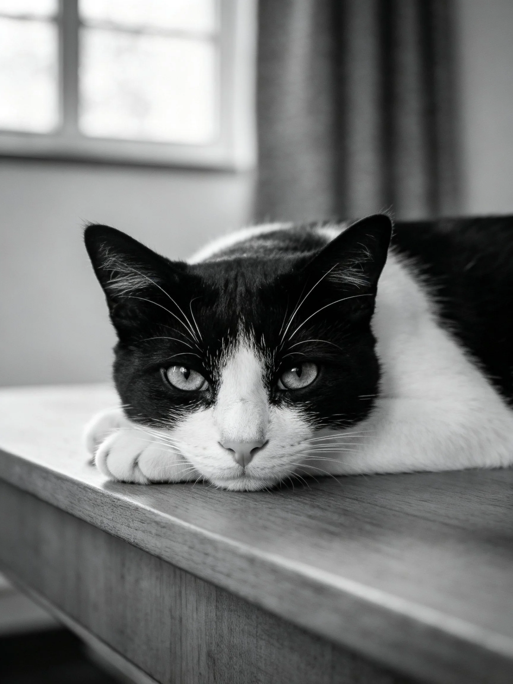 A black and white cat rests on a wooden table near a window