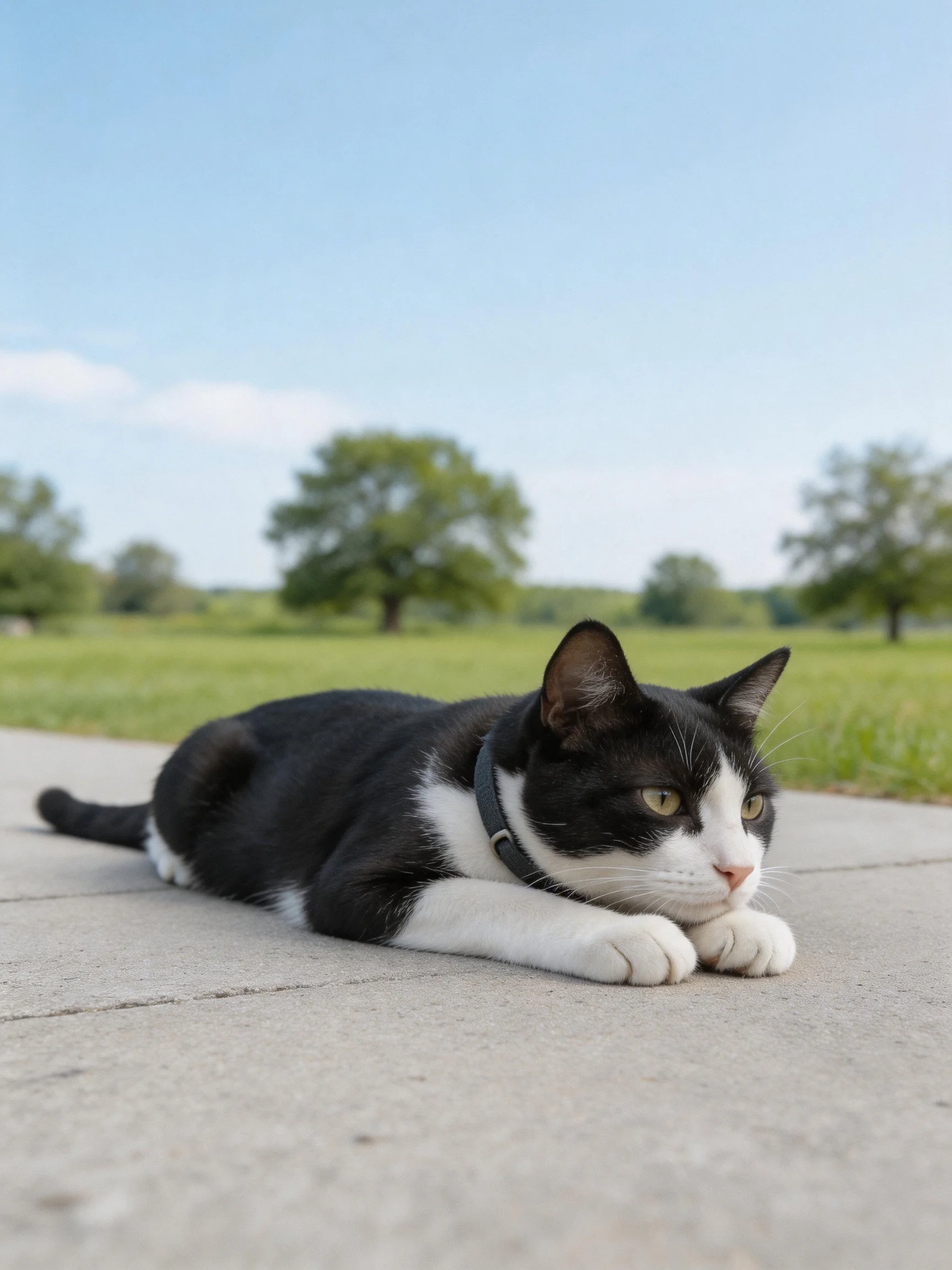 A black and white cat rests on concrete near a grassy meadow