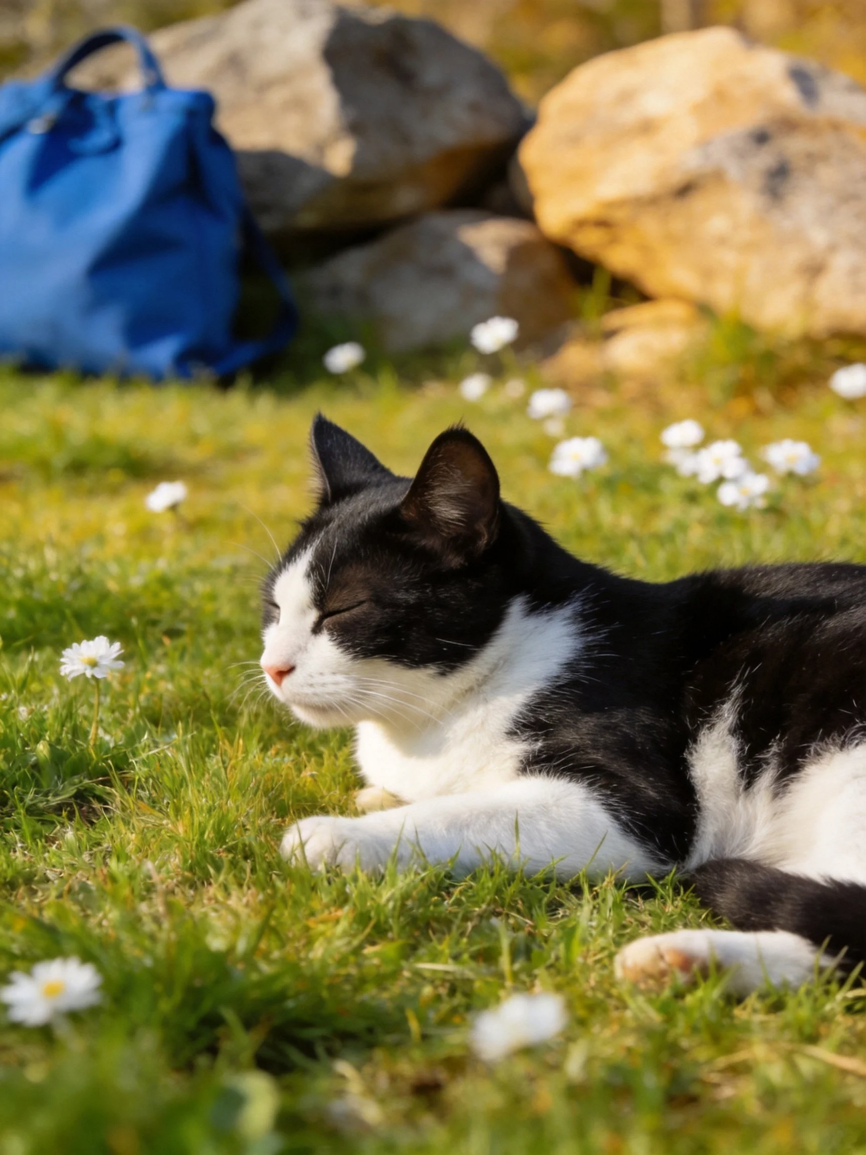 A black-and-white cat rests on grass amid daisies, near rocks and a blue bag