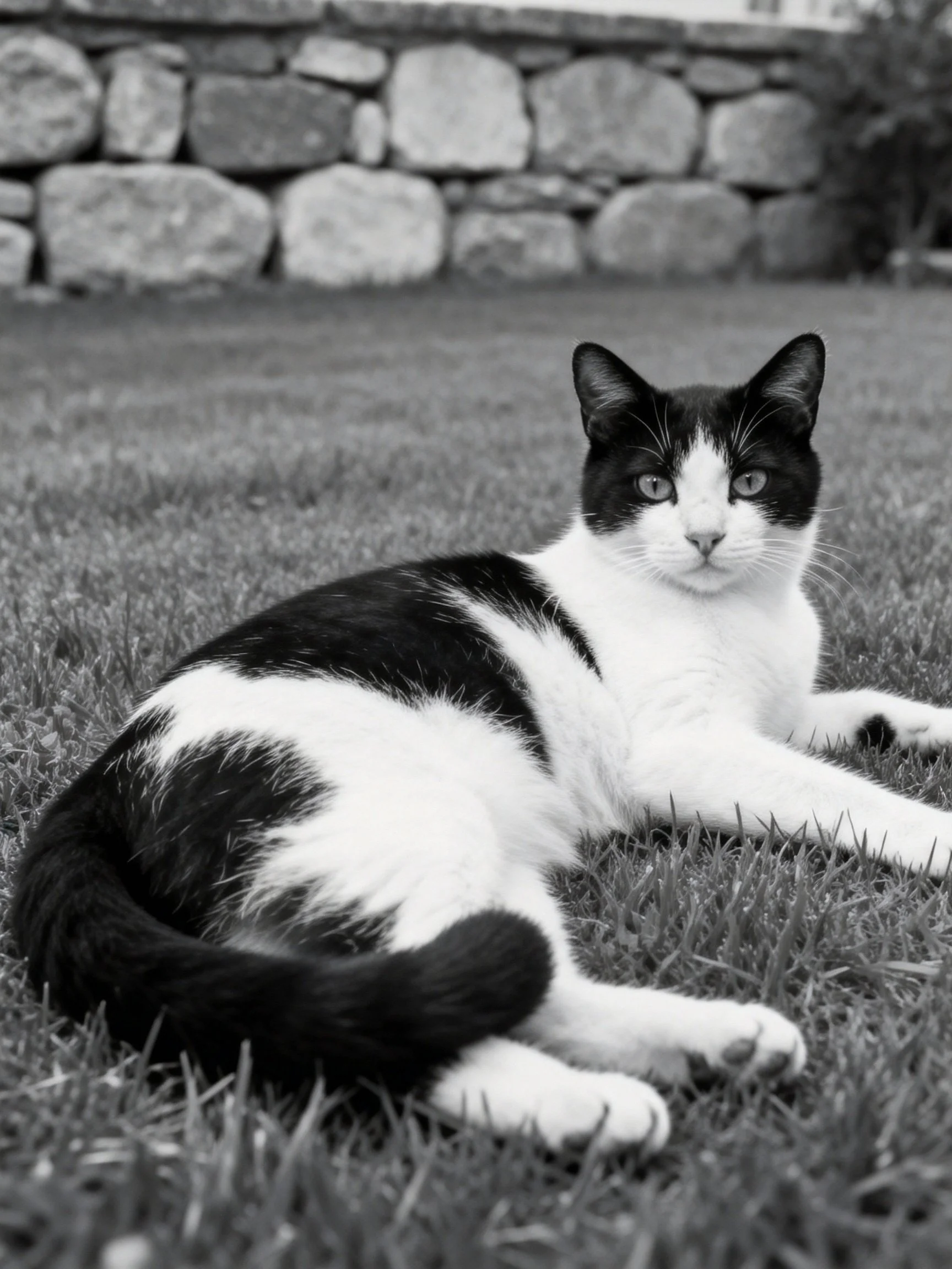 A black and white cat rests on grass beside a stone wall