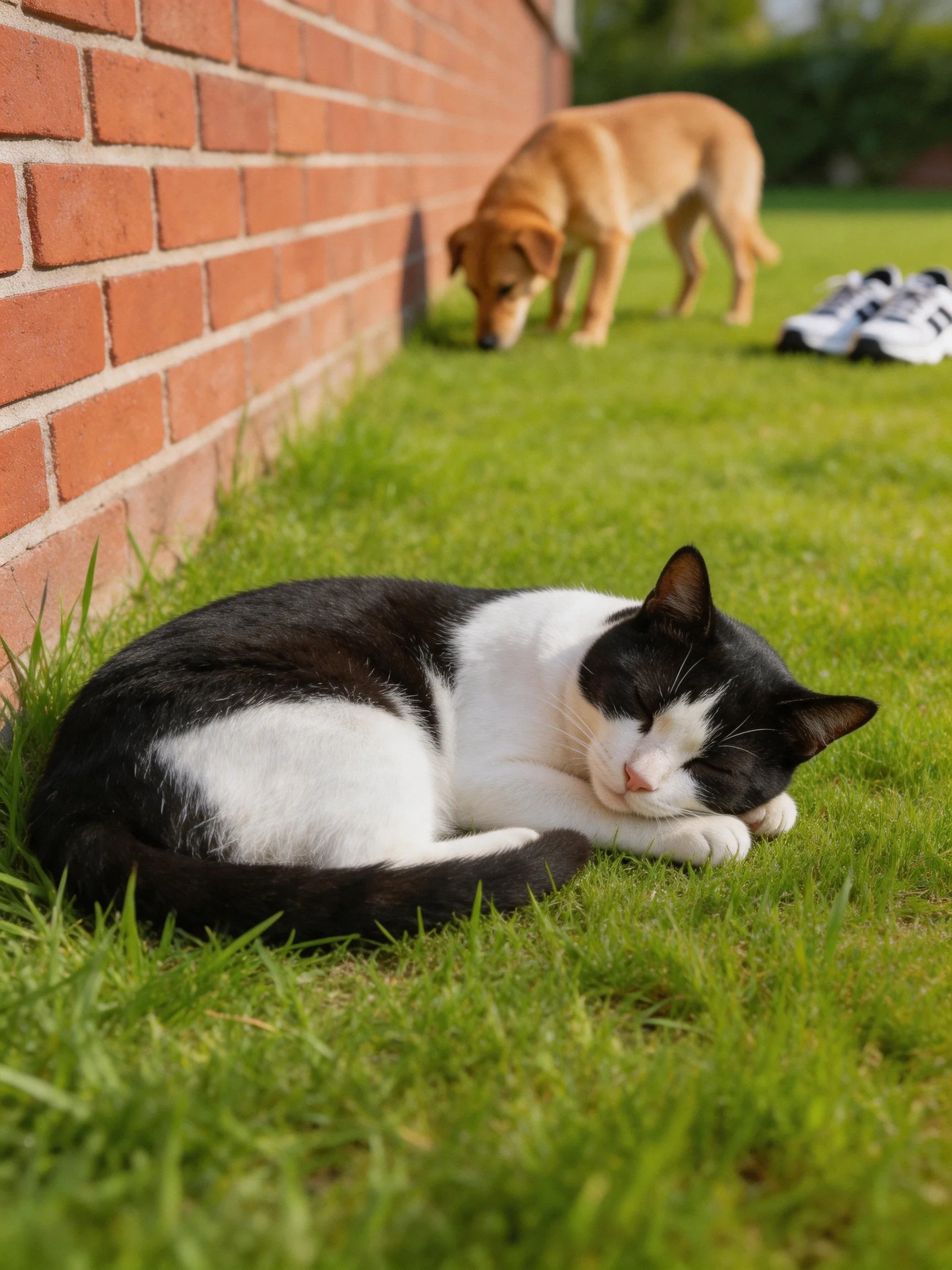 A black - and - white cat rests on grass near a red brick wall with a tan dog sniffing