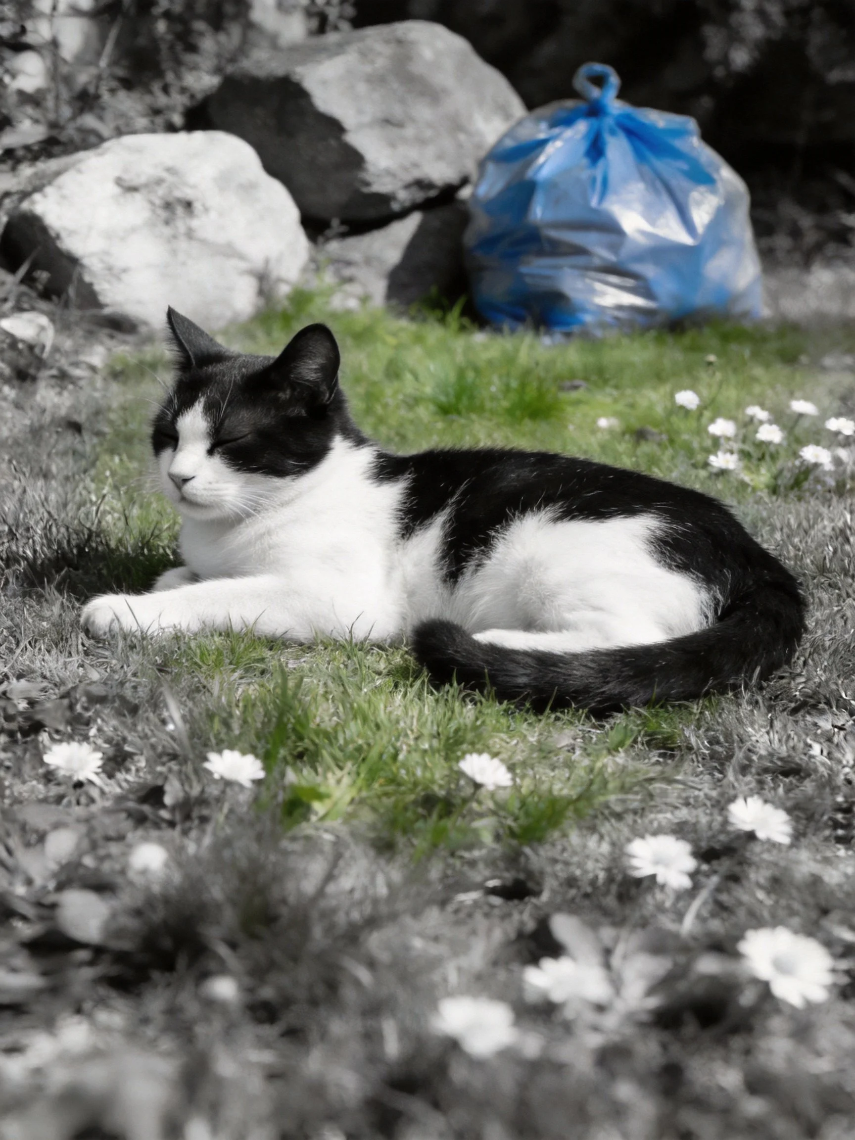 A black - and - white cat rests on grass near rocks and a blue trash bag
