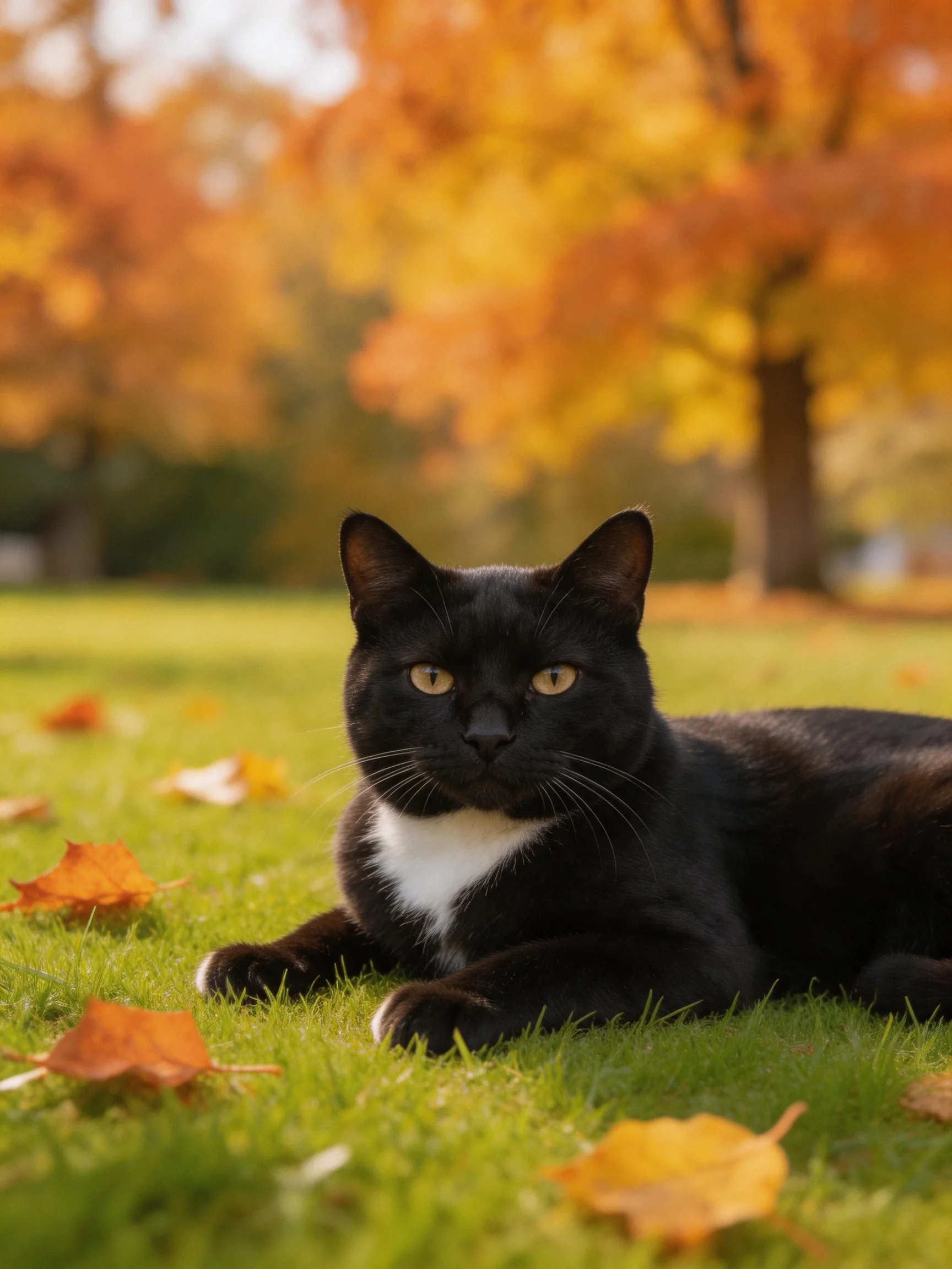 A black and white cat rests on green grass amid autumn leaves