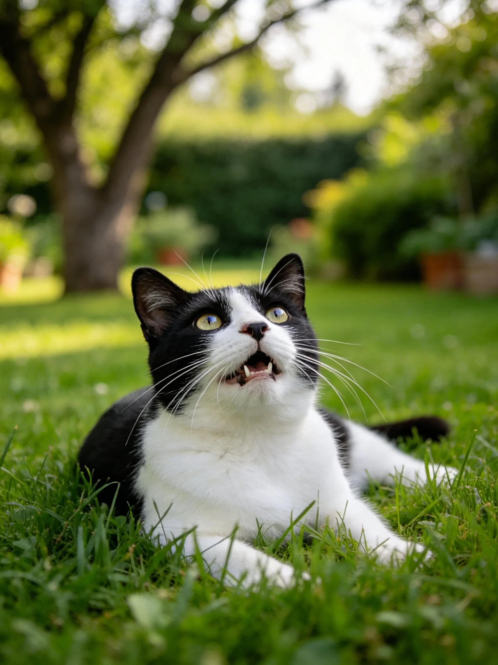 A black - and - white cat rests on lush green grass in a sunlit garden