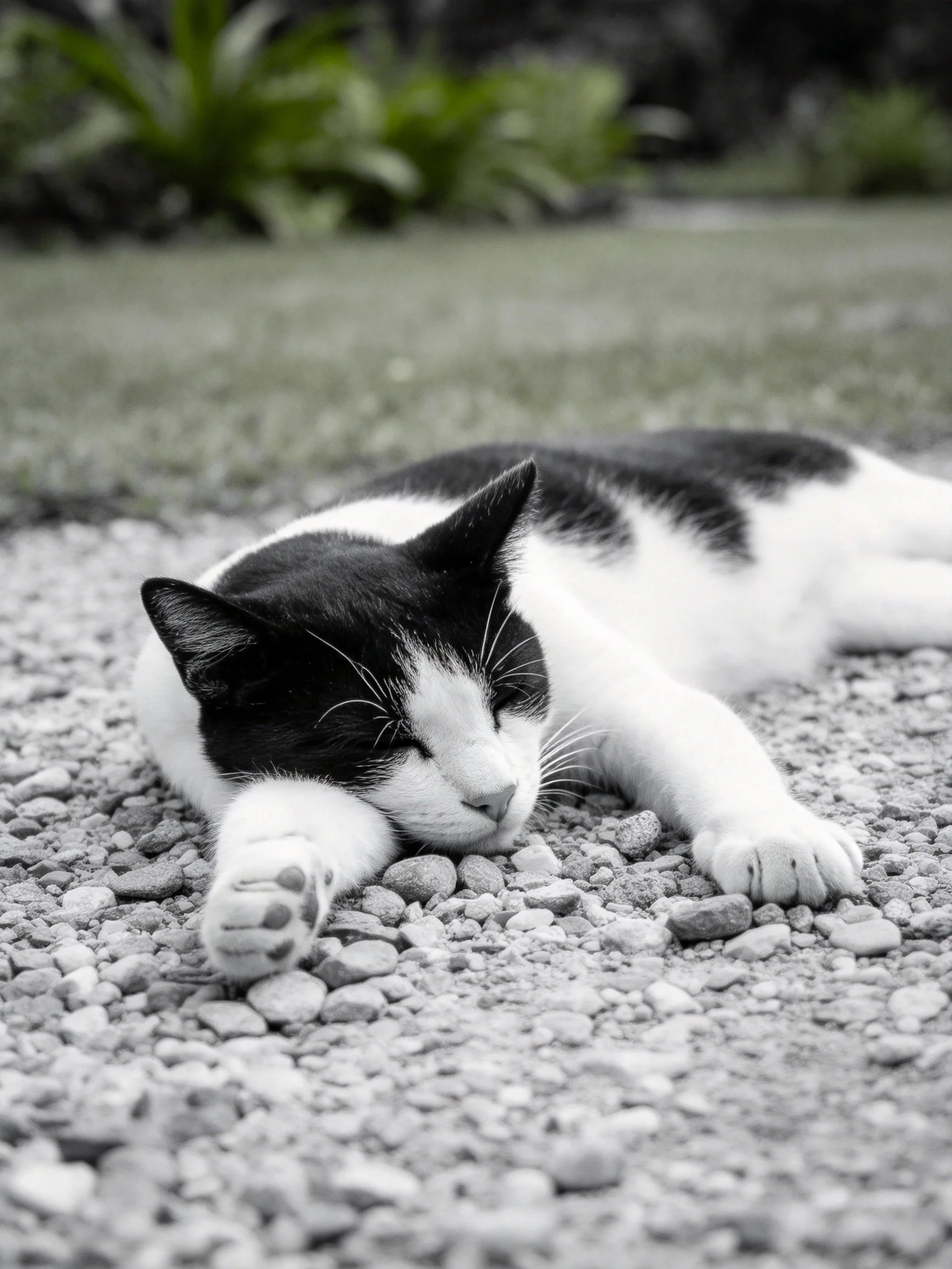 A black and white cat rests on pebbly ground near greenery