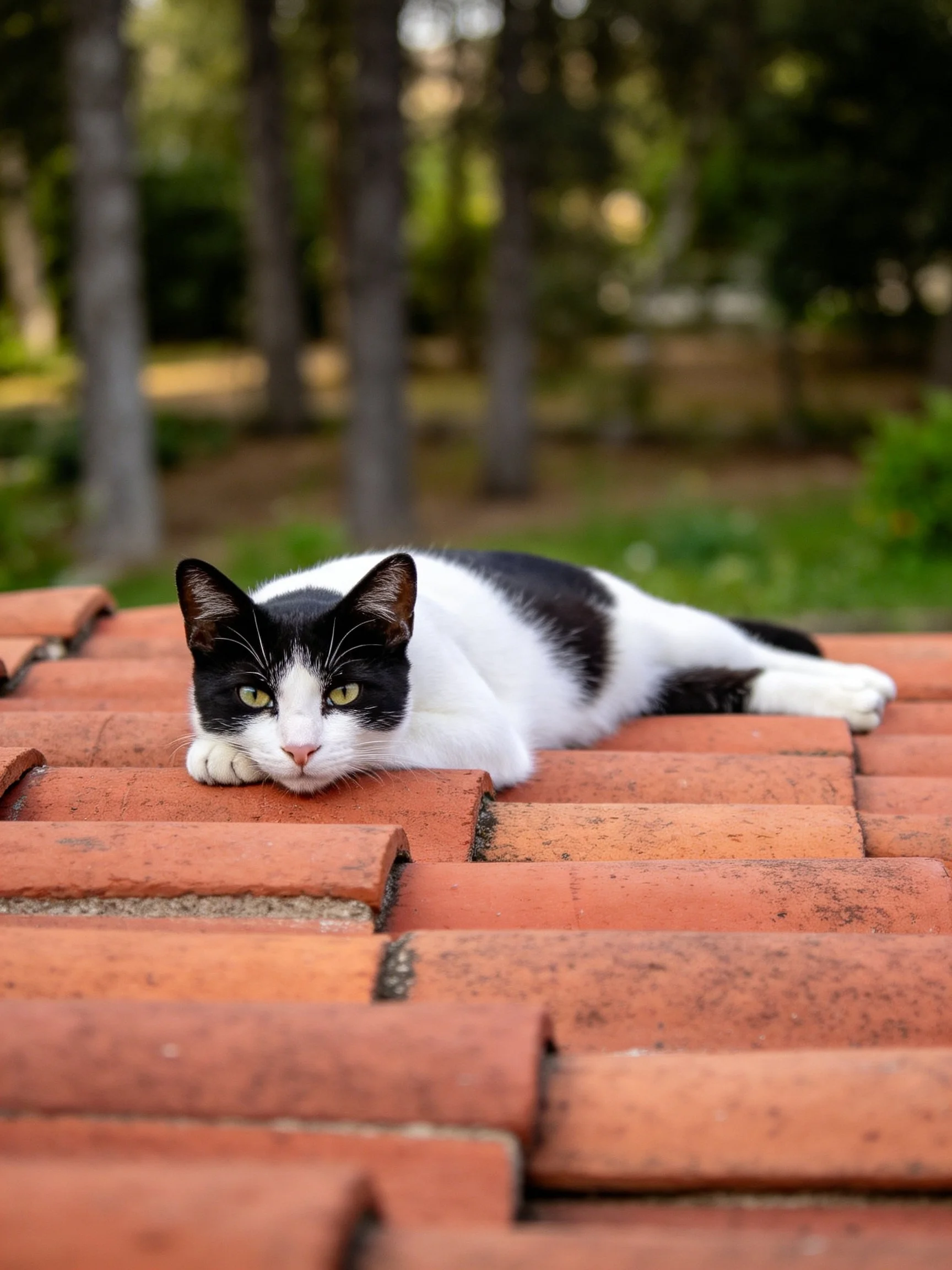 A black - and - white cat rests on reddish terracotta roof tiles near trees