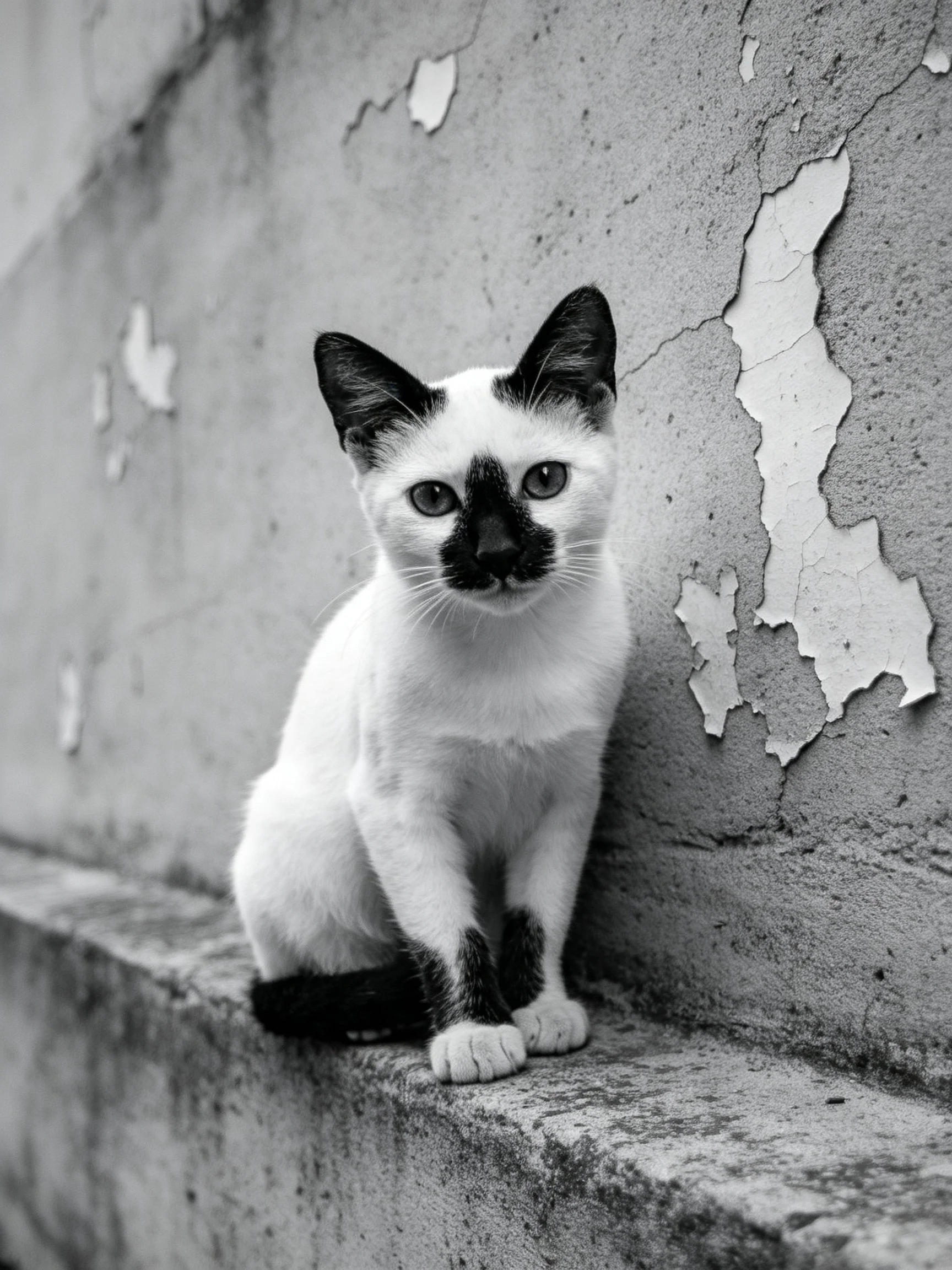 A black-and-white cat sits beside a cracked concrete wall with peeling paint.