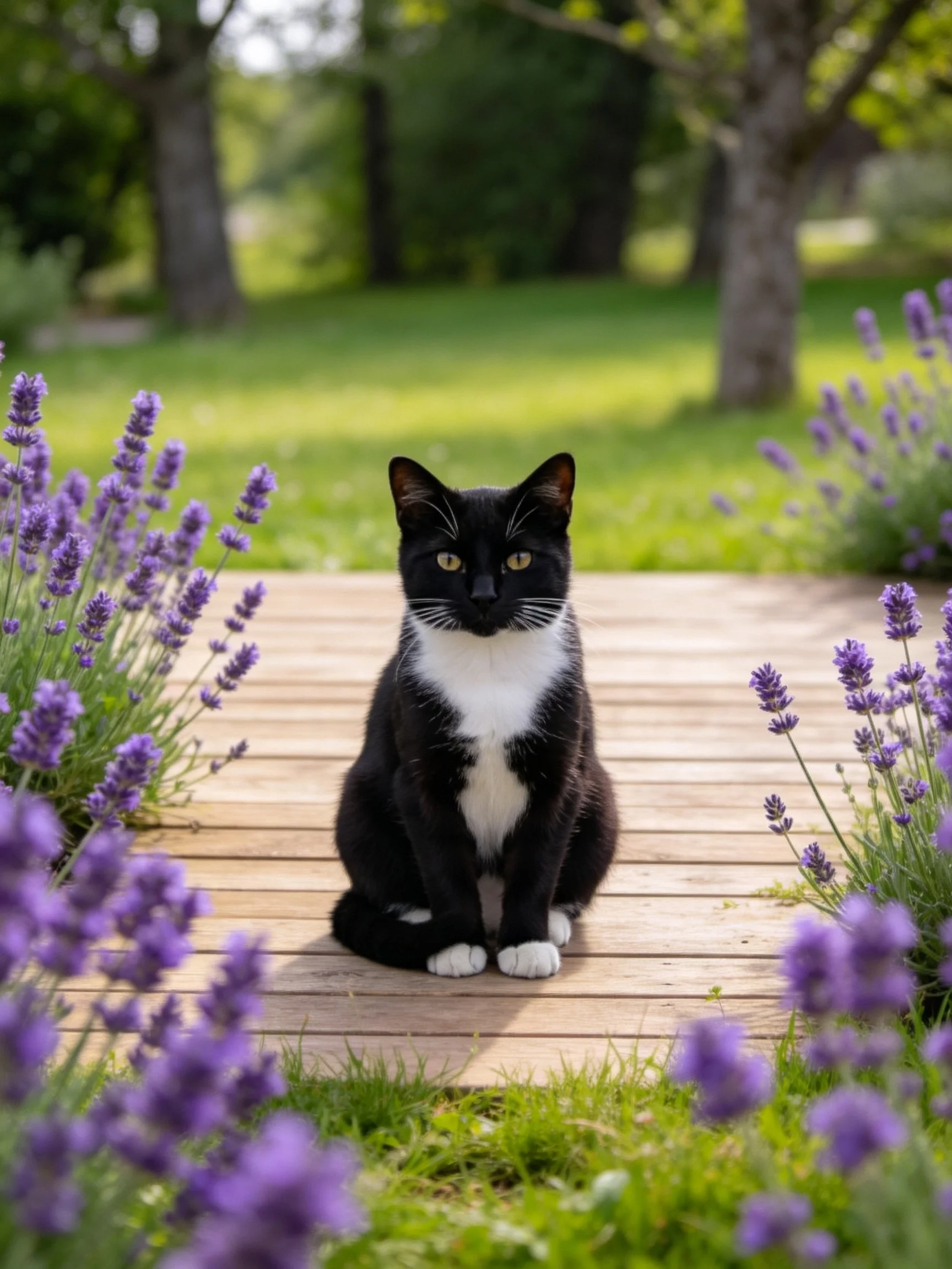 A black-and-white cat sits amid purple lavender on a wooden deck
