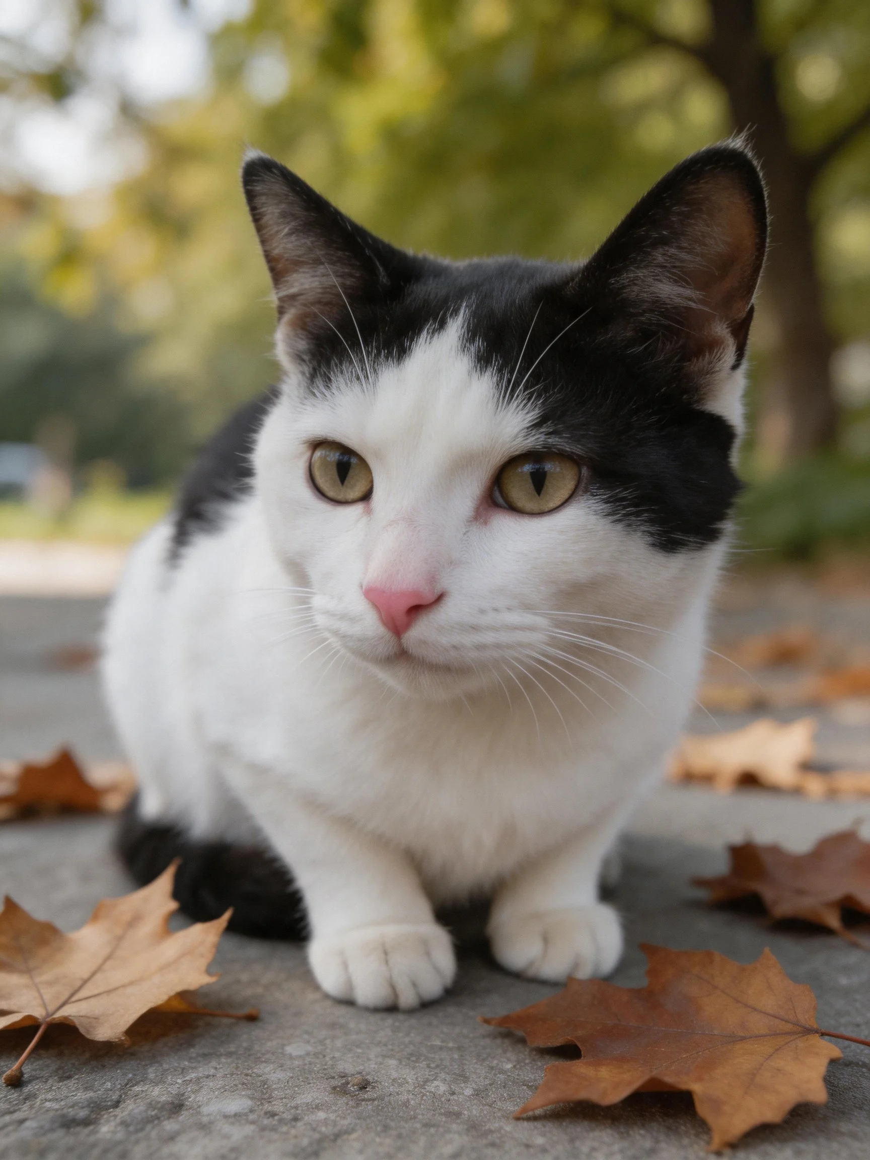 A black - and - white cat sits amid scattered brown autumn leaves in an outdoor setting.