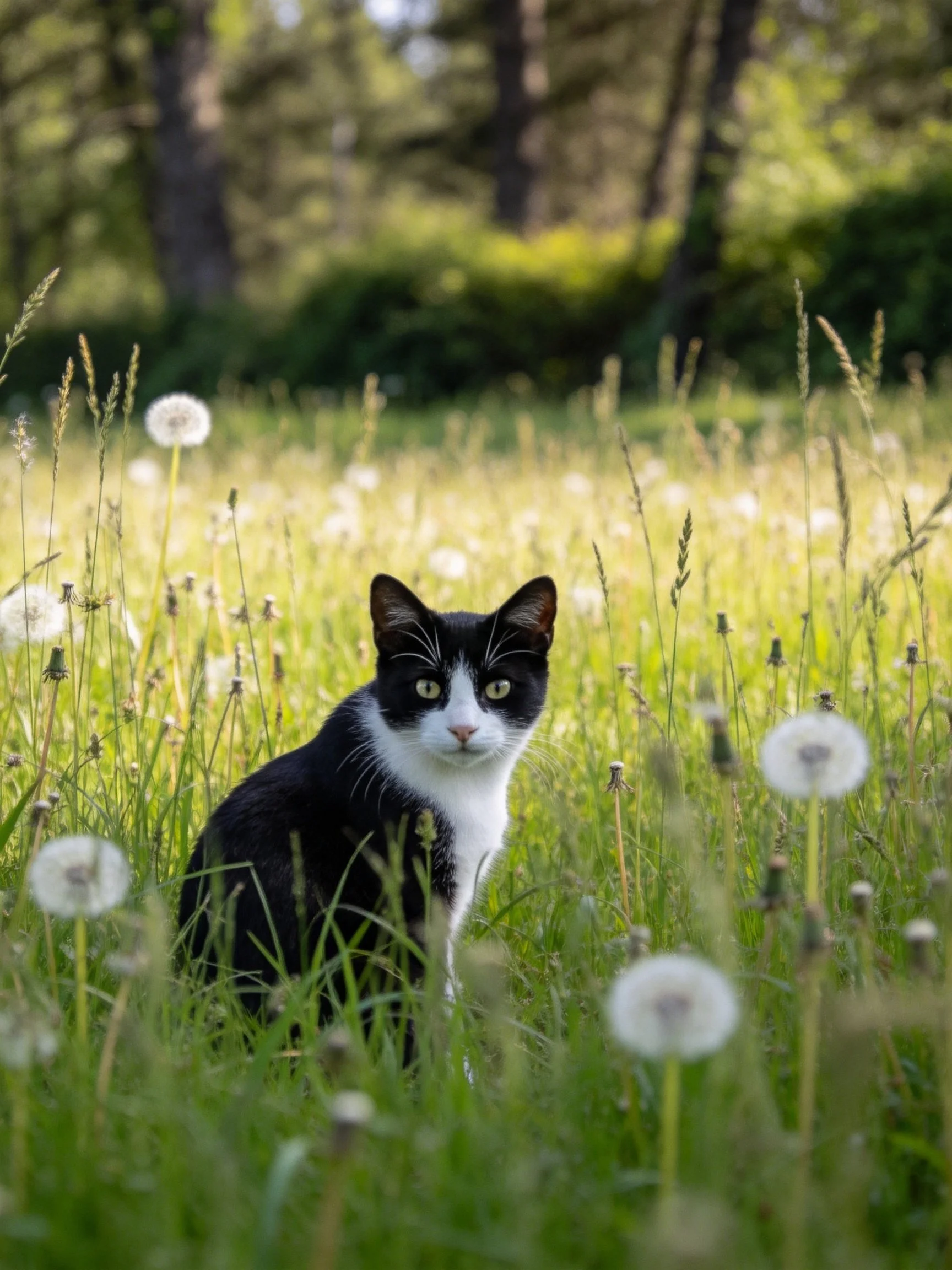 A black-and-white cat sits amid tall green grass and dandelions