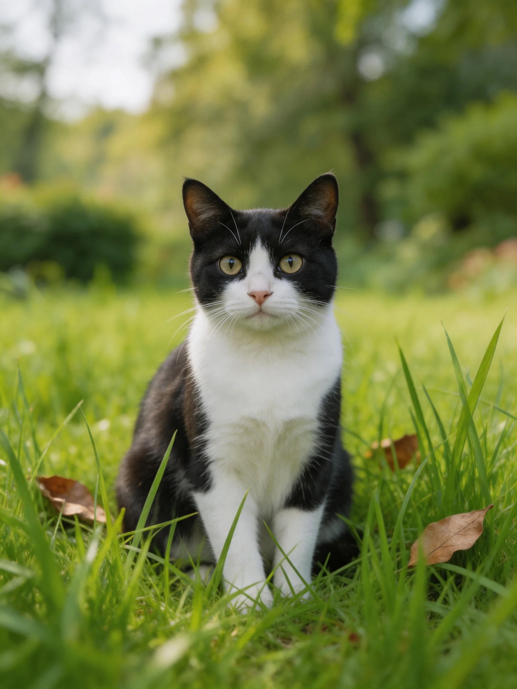 A black-and-white cat sits calmly in a grassy outdoor environment.