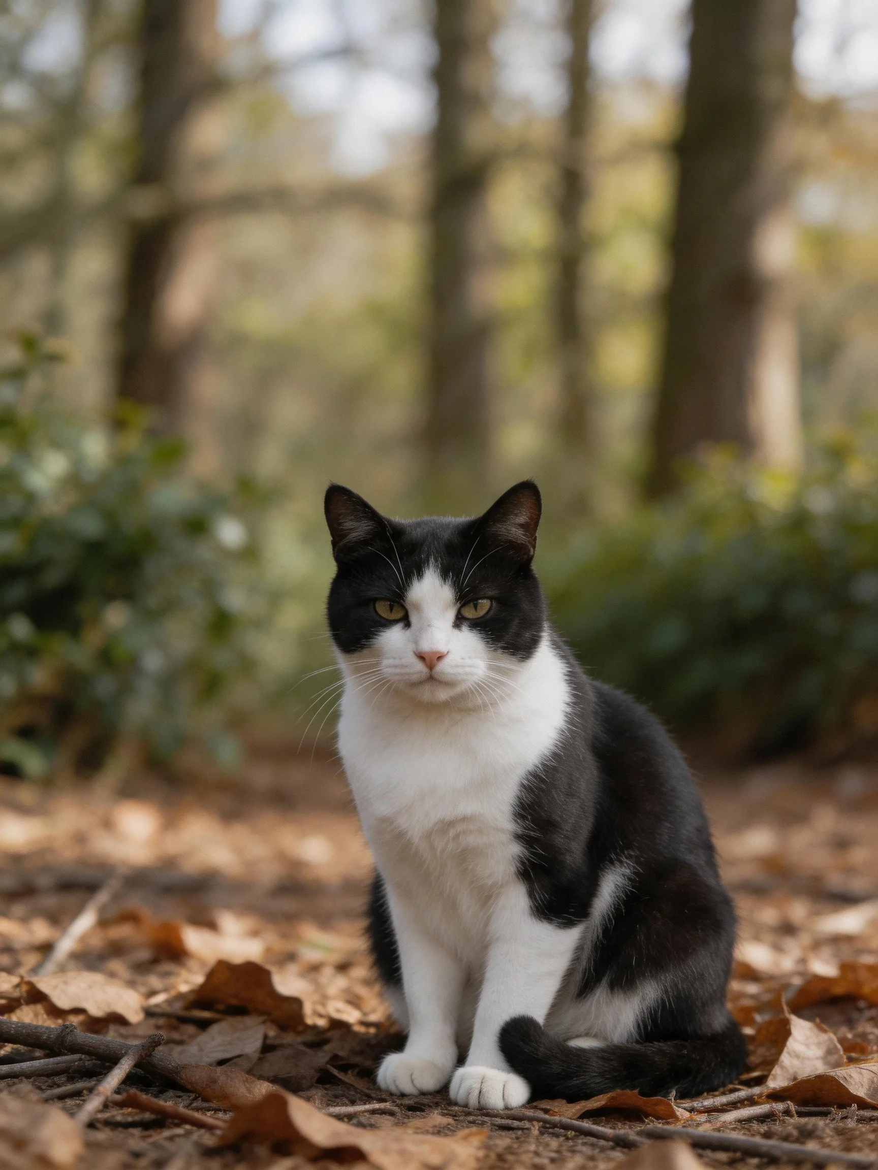 A black and white cat sits among autumn leaves in a wooded area