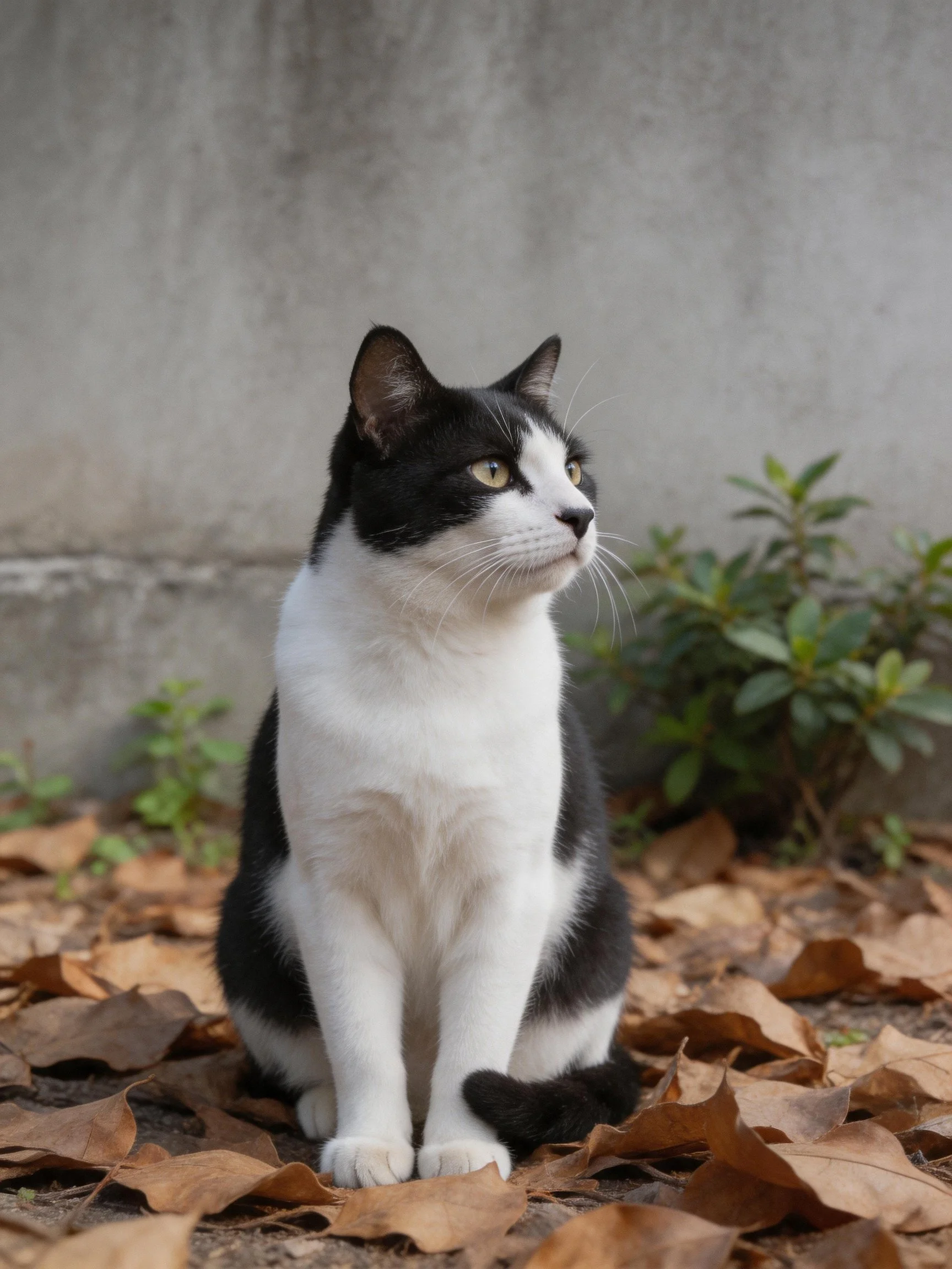 A black - and - white cat sits among dry autumn leaves near a gray wall