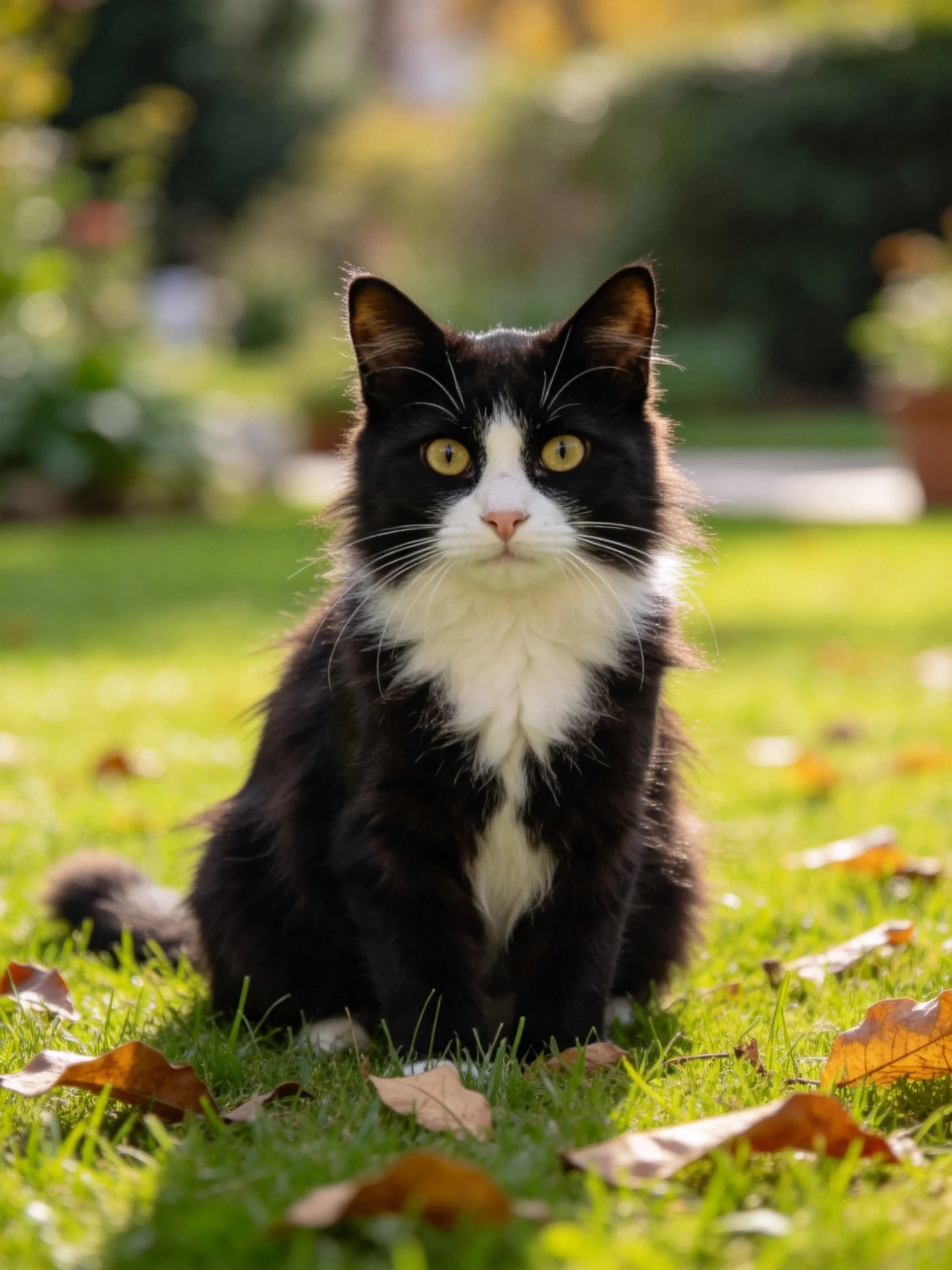 A black and white cat sits among fallen autumn leaves on green grass