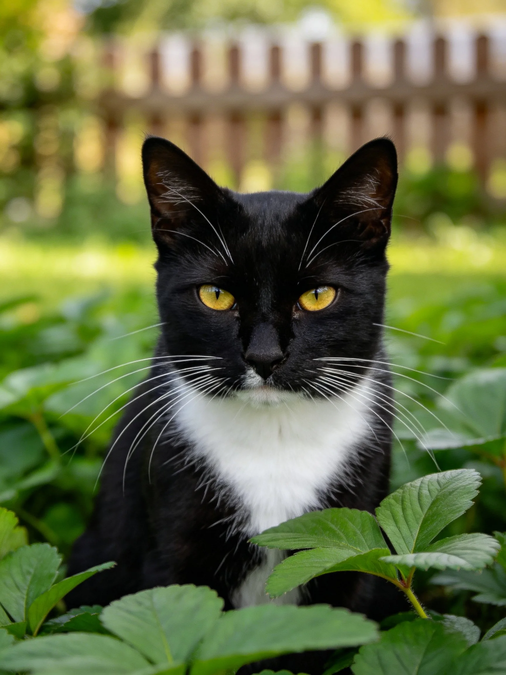 A black and white cat sits among lush green foliage near a wooden fence