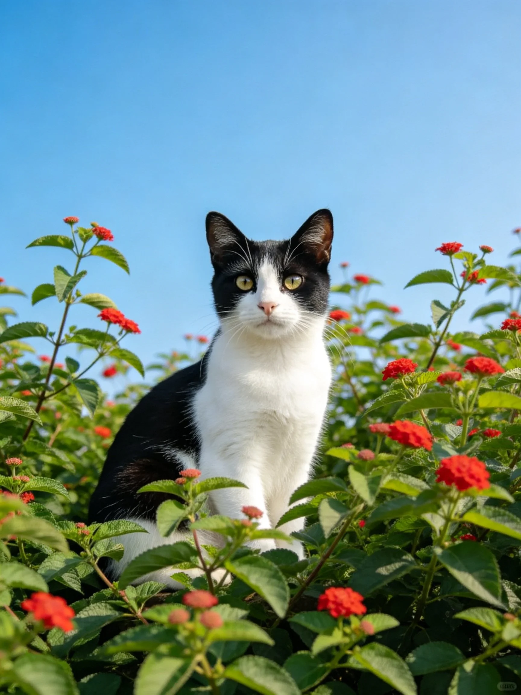 A black - and - white cat sits among red flowers under a clear blue sky