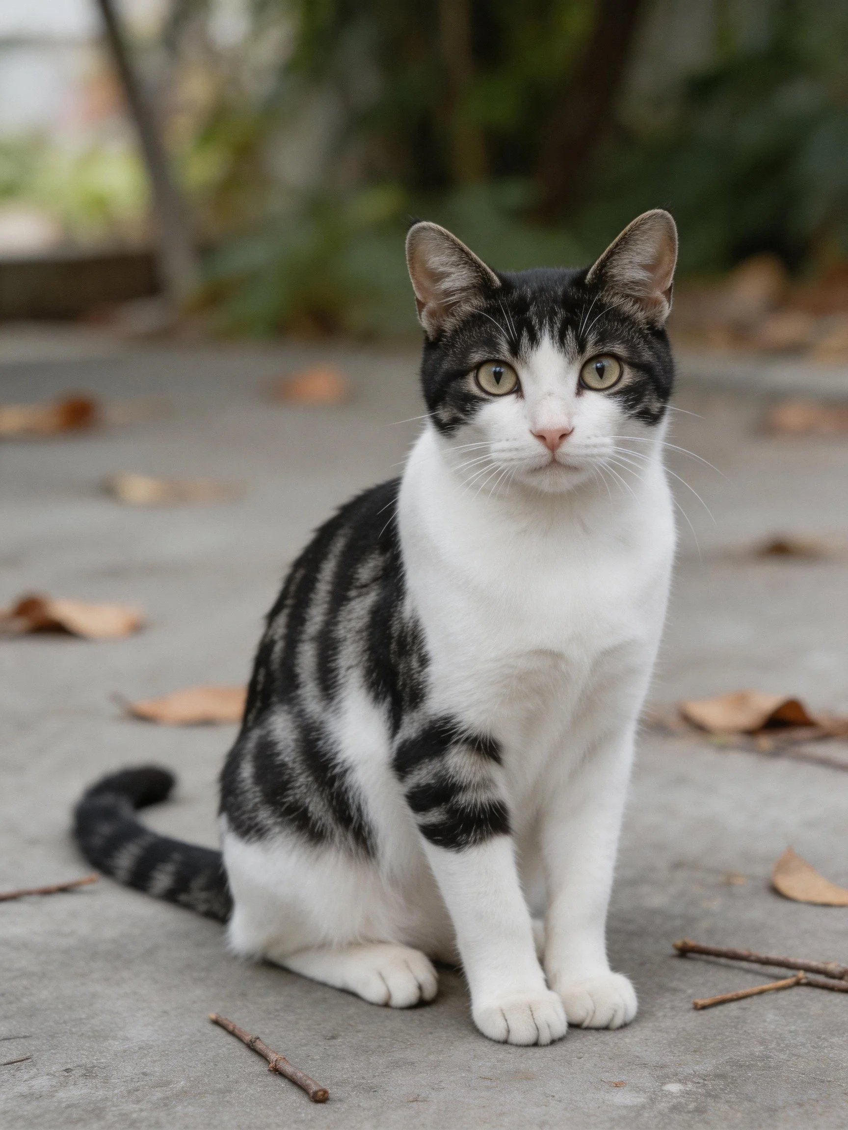 A black-and-white cat sits among scattered dry leaves on concrete