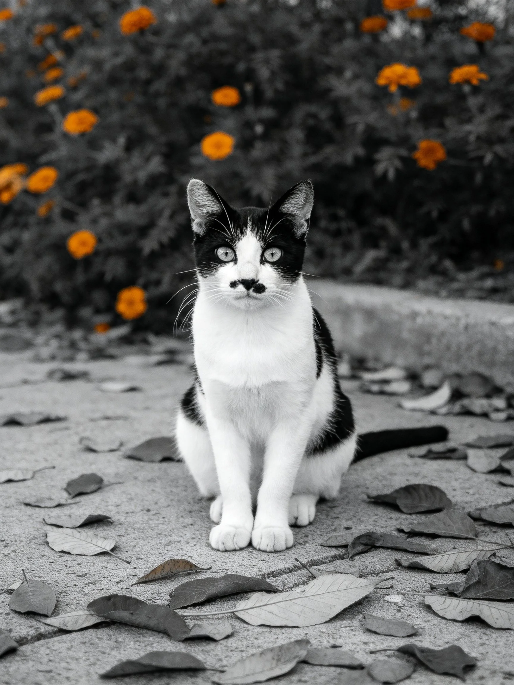 A black - and - white cat sits among scattered leaves with vibrant orange flowers