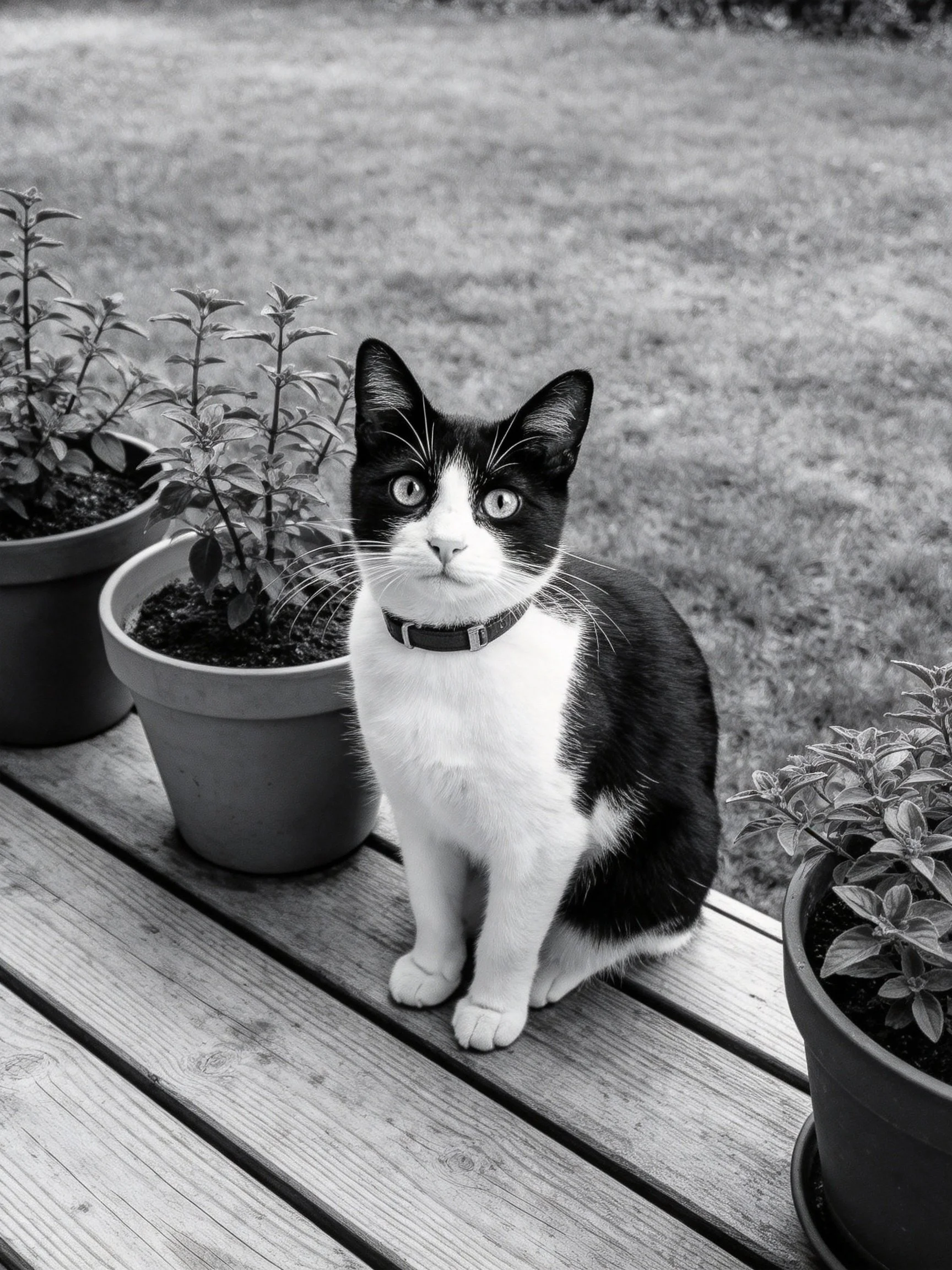 A black - and - white cat sits among three potted plants on a wooden deck