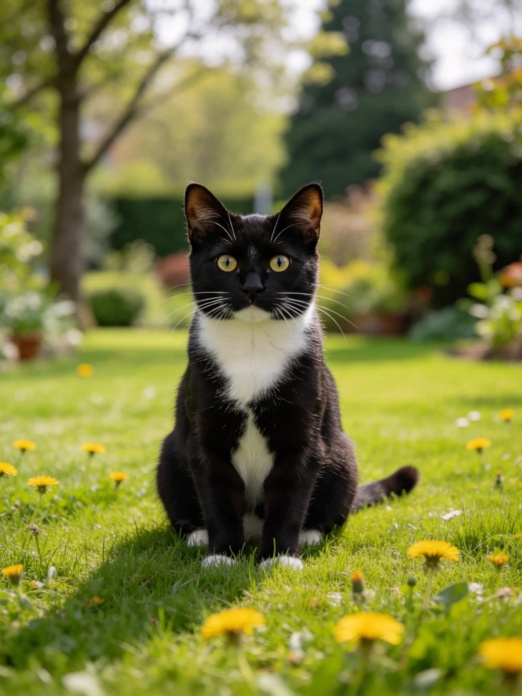 A black and white cat sits among yellow flowers in a lush green garden