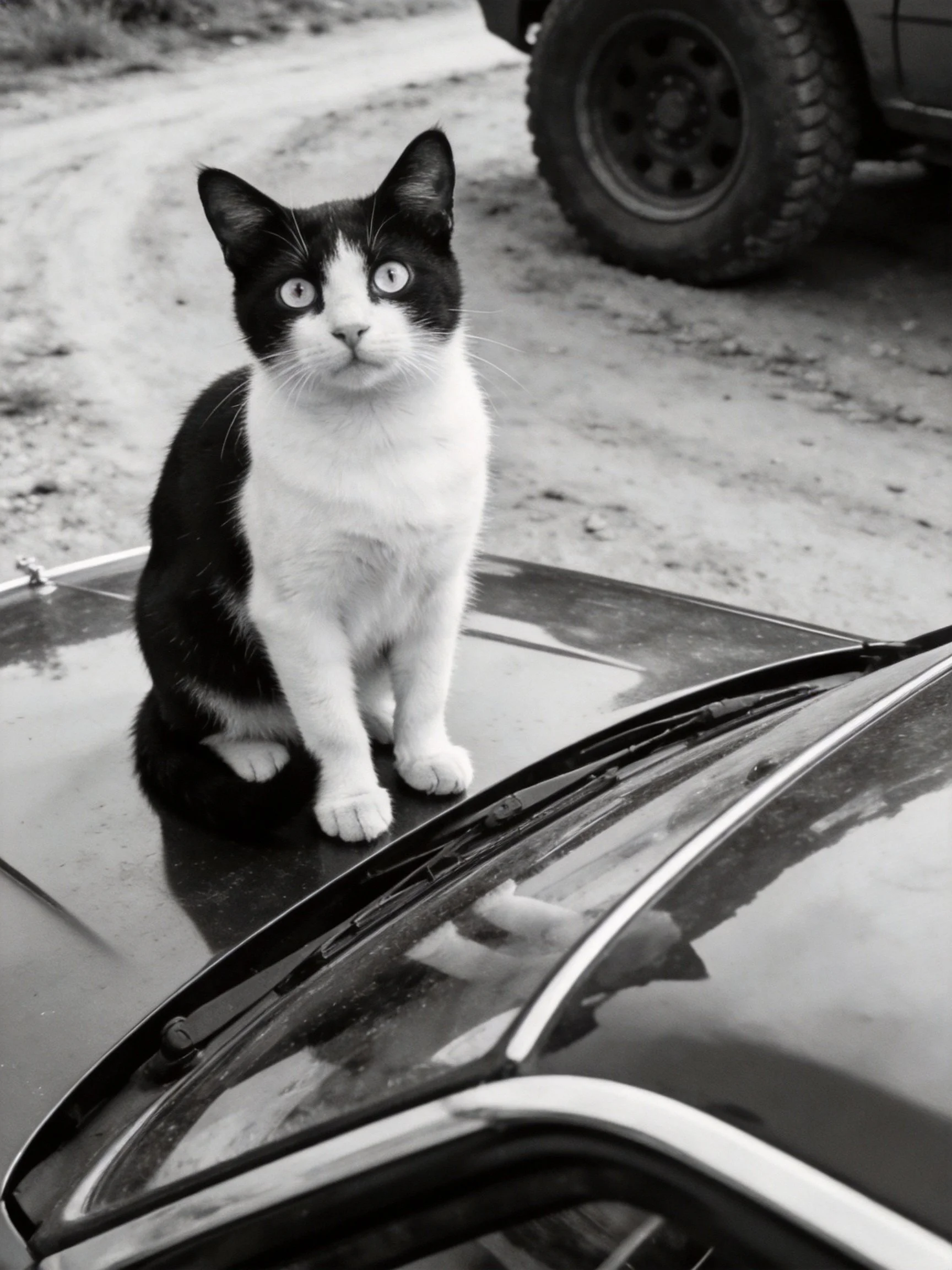 A black - and - white cat sits atop a cars glossy hood near an off - road tire