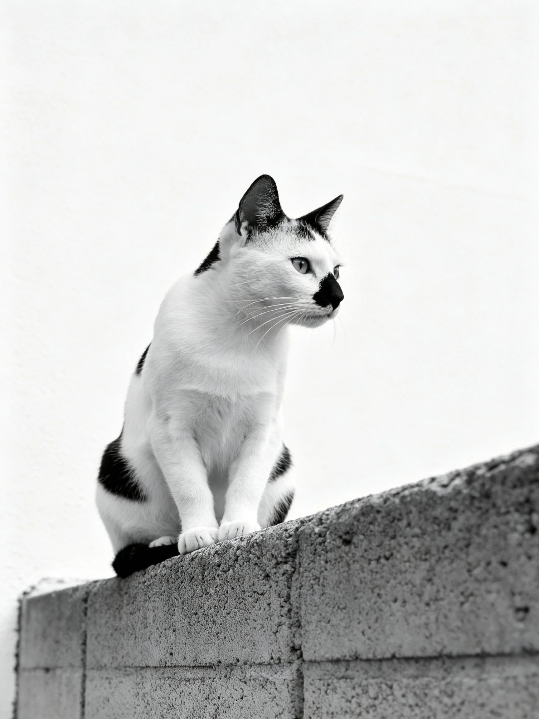 A black - and - white cat sits atop a concrete block wall