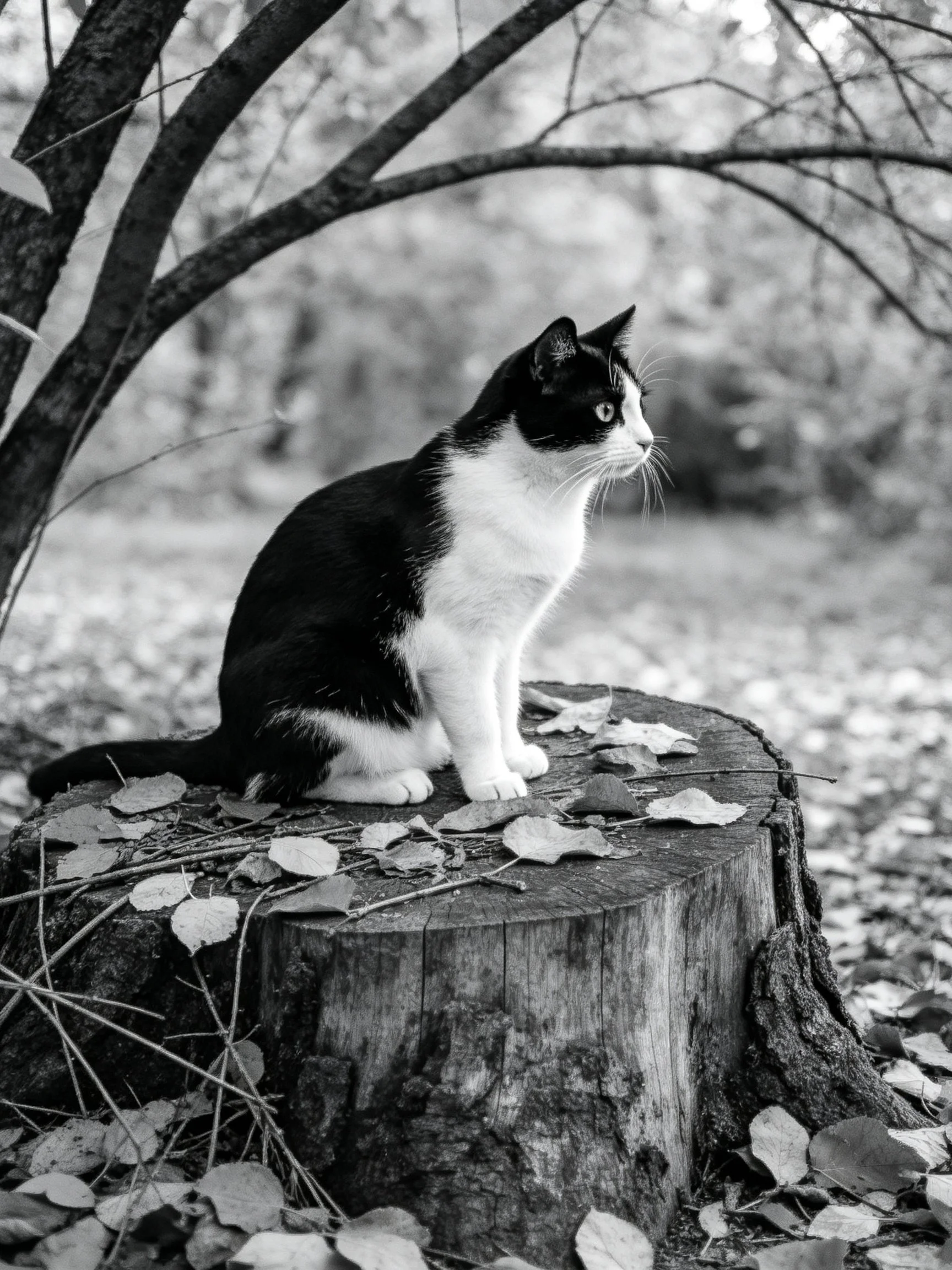 A black - and - white cat sits atop a leaf - covered tree stump