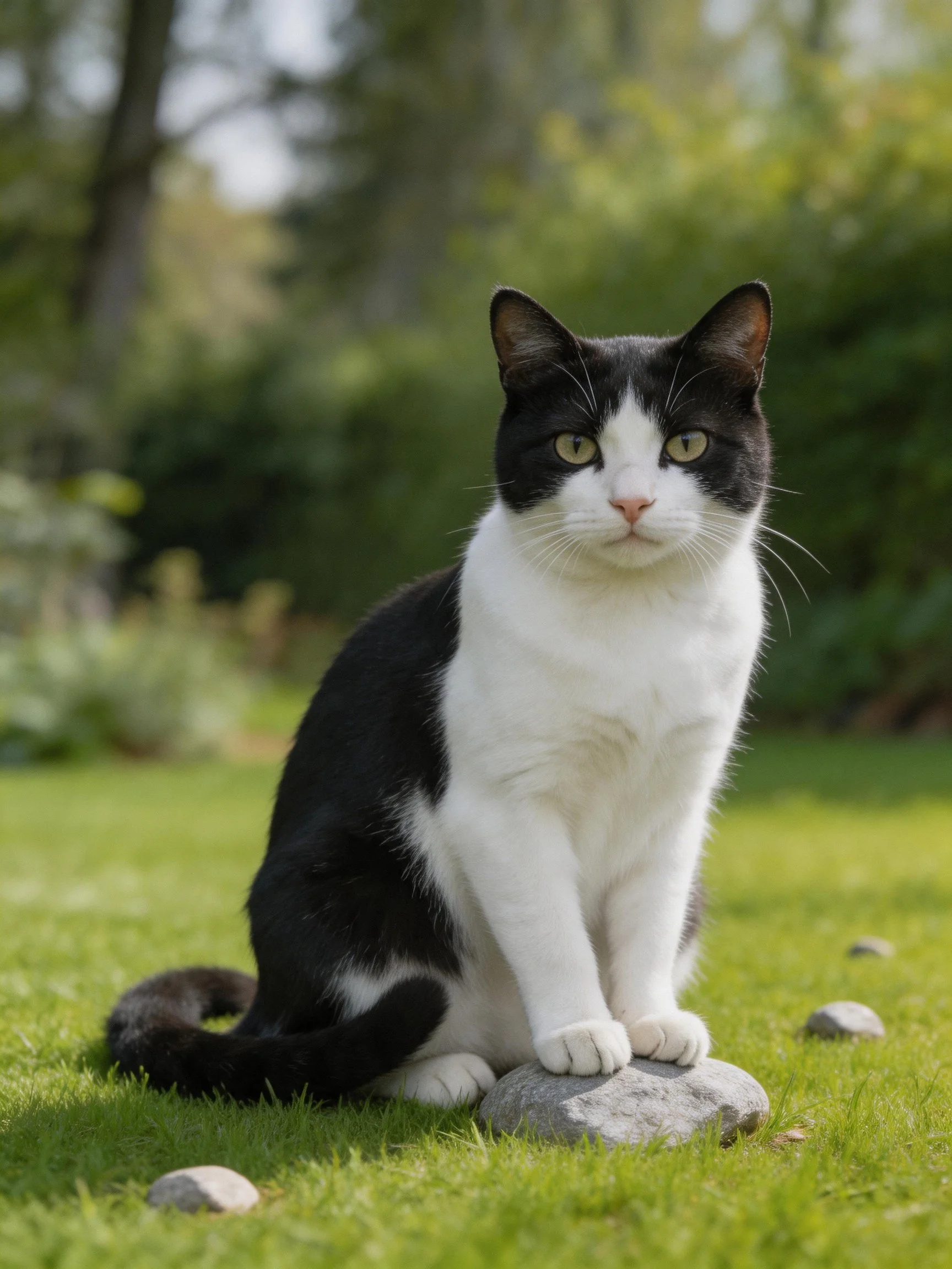 A black and white cat sits atop a rock in a verdant garden