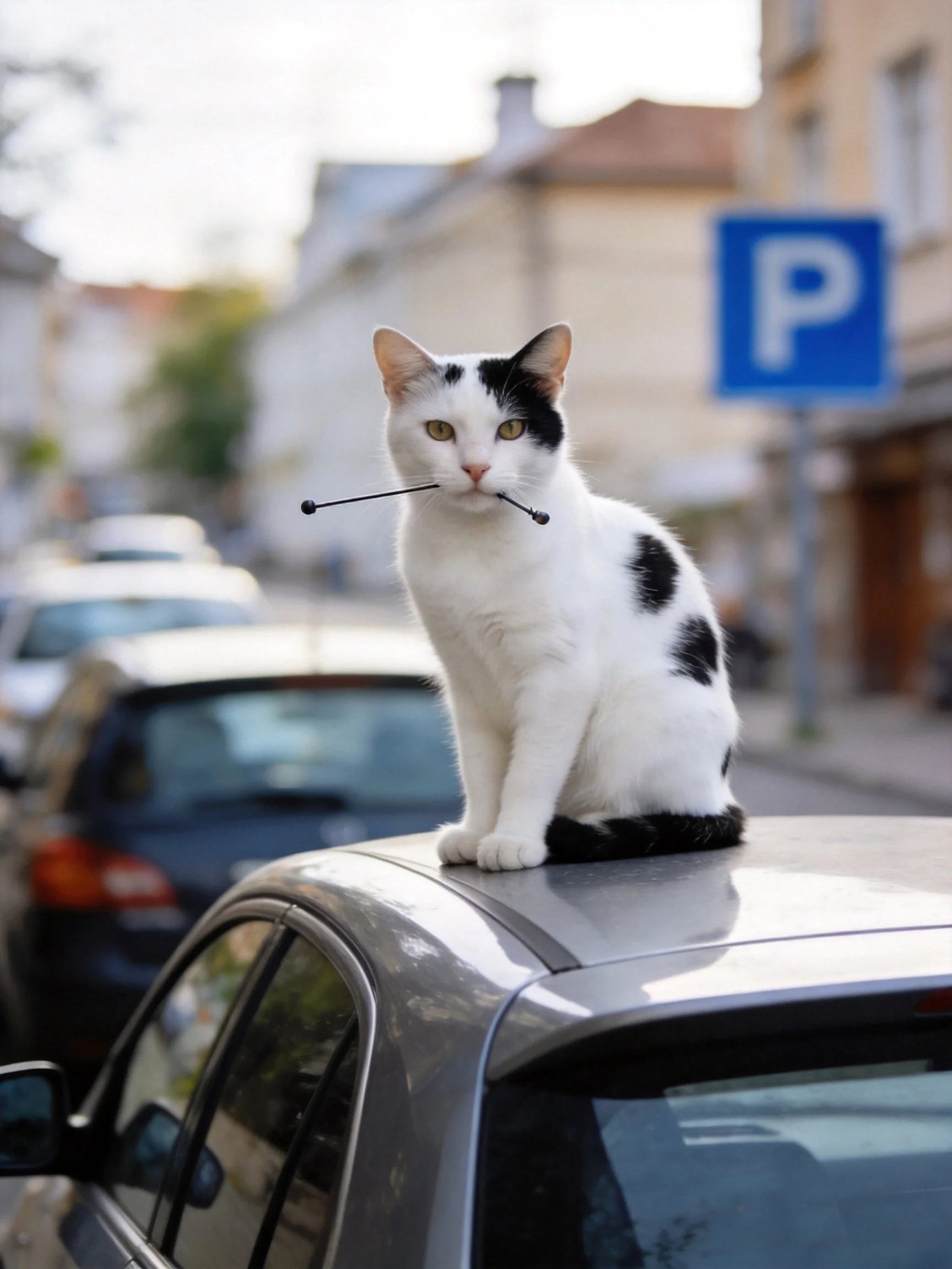 A black - and - white cat sits atop a silver car with an object in its mouth
