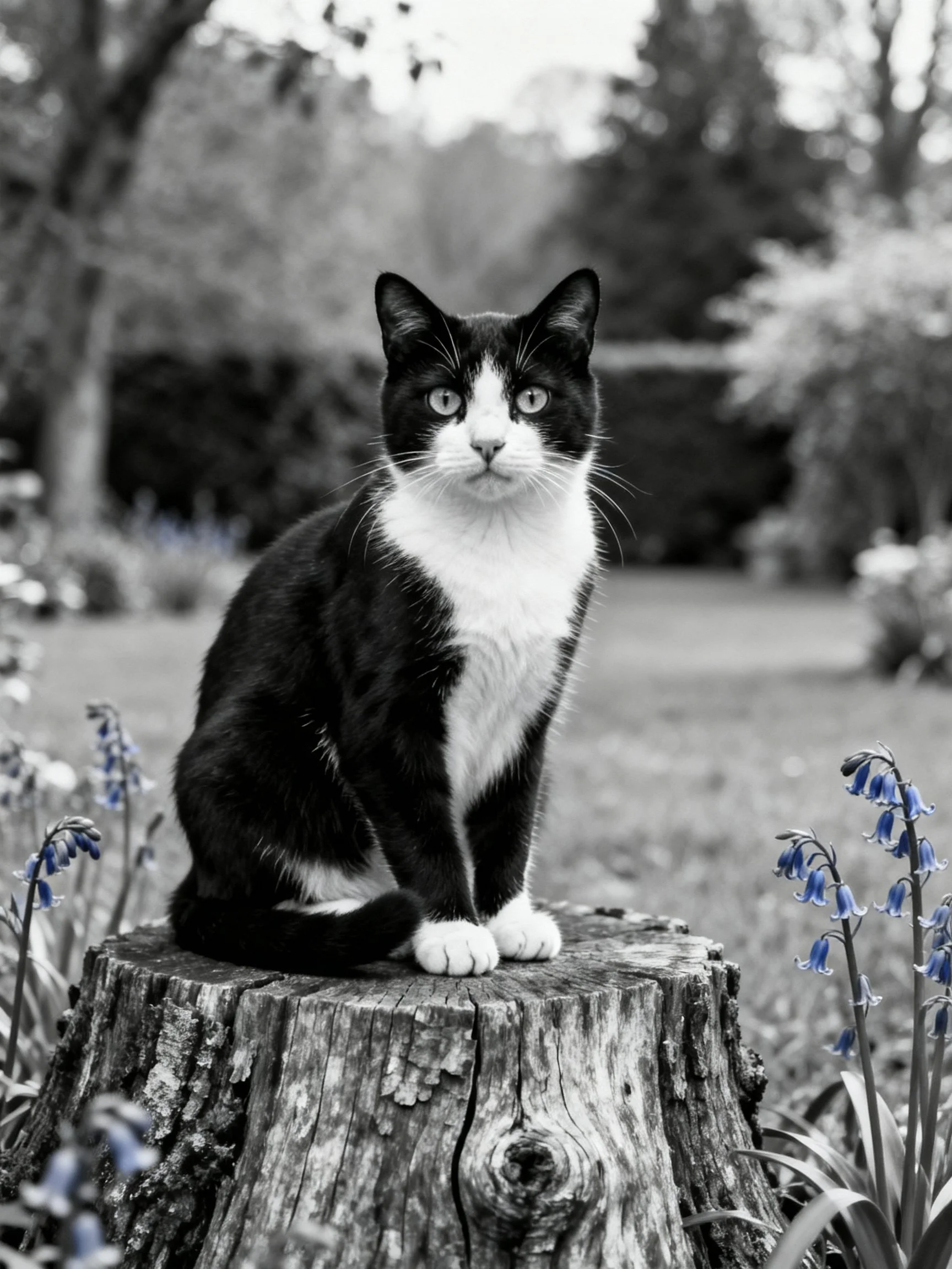 A black - and - white cat sits atop a weathered tree stump near bluebell flowers