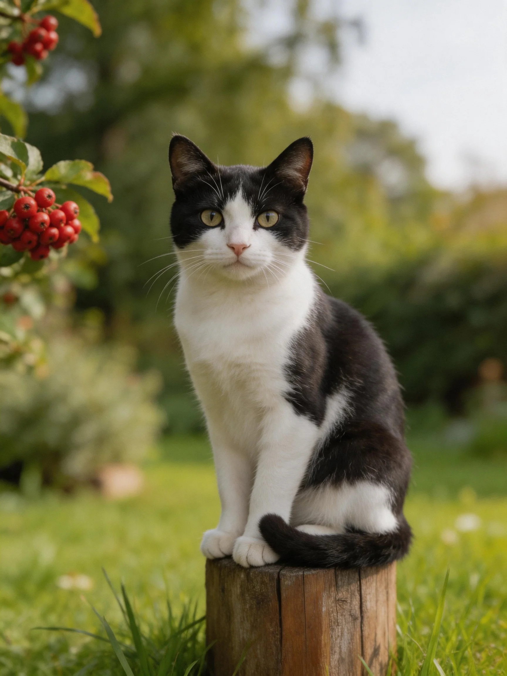 A black - and - white cat sits atop a wooden post near red berries