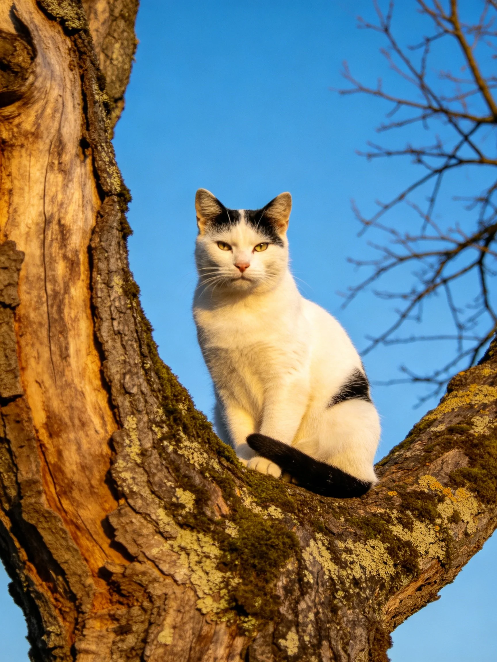 A black-and-white cat sits atop an aged, lichen-speckled tree branch
